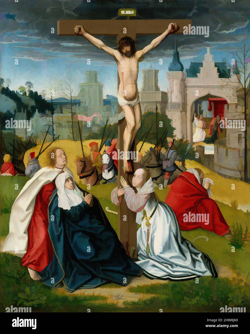 Art inspired by The Crucifixion, ca. 1495, Oil on wood, Overall 13 1/8 x 10 3/4 in. (33.3 x 27.3 cm); painted surface 12 5/8 x 10 1/4 in. (32.1 x 26 cm), Paintings, Attributed to Jan Provost (Netherlandish, Mons (Bergen) ca. 1465–1529 Bruges), This exquisite private devotional painting, Classic works modernized by Artotop with a splash of modernity. Shapes, color and value, eye-catching visual impact on art. Emotions through freedom of artworks in a contemporary way. A timeless message pursuing a wildly creative new direction. Artists turning to the digital medium and creating the Artotop NFT Stock Photo