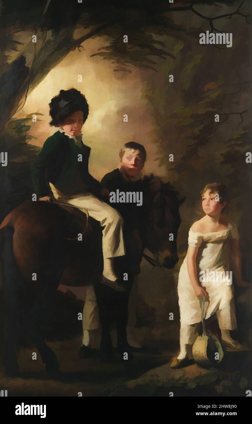 Art inspired by The Drummond Children, ca. 1808–9, Oil on canvas, 94 1/4 x 60 1/4 in. (239.4 x 153 cm), Paintings, Sir Henry Raeburn (British, Stockbridge, Scotland 1756–1823 Edinburgh, Scotland), George Drummond (1802–1851), who is seated astride his pony, is accompanied by two, Classic works modernized by Artotop with a splash of modernity. Shapes, color and value, eye-catching visual impact on art. Emotions through freedom of artworks in a contemporary way. A timeless message pursuing a wildly creative new direction. Artists turning to the digital medium and creating the Artotop NFT Stock Photo