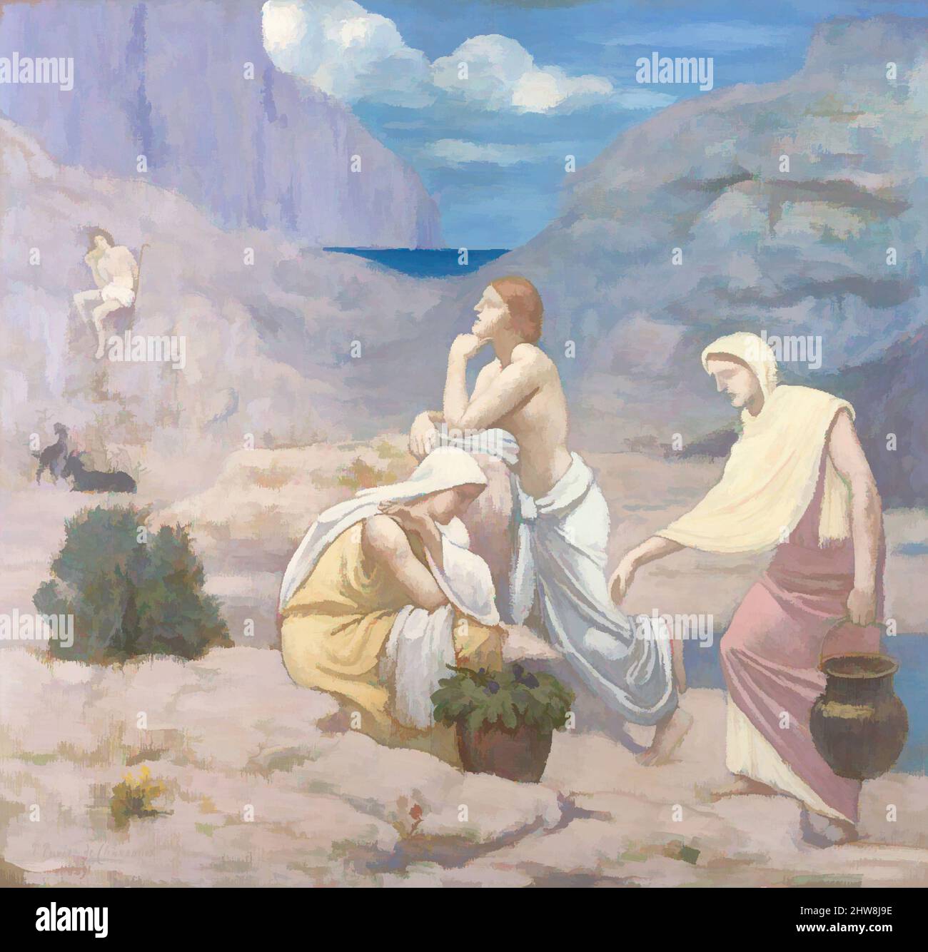 Art inspired by The Shepherd's Song, 1891, Oil on canvas, 41 1/8 x 43 1/4 in. (104.5 x 109.9 cm), Paintings, Pierre Puvis de Chavannes (French, Lyons 1824–1898 Paris), Puvis adapted the pipe-playing shepherd and the draped female figures in this scene from a section of a mural that he, Classic works modernized by Artotop with a splash of modernity. Shapes, color and value, eye-catching visual impact on art. Emotions through freedom of artworks in a contemporary way. A timeless message pursuing a wildly creative new direction. Artists turning to the digital medium and creating the Artotop NFT Stock Photo