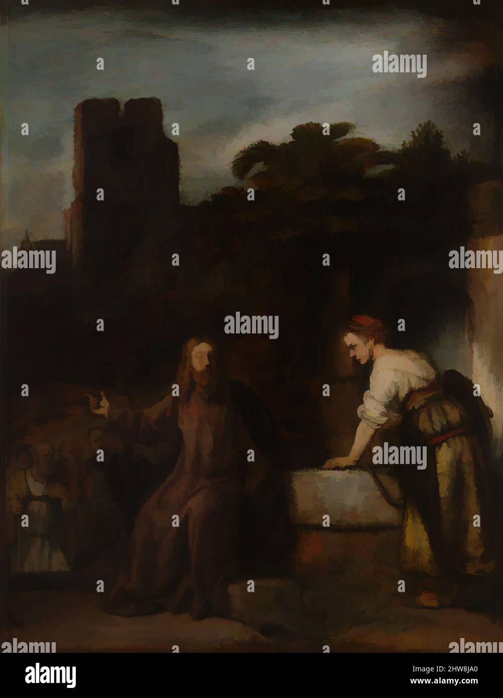 Art inspired by Christ and the Woman of Samaria, Oil on wood, 25 x 19 1/4 in. (63.5 x 48.9 cm), Paintings, Style of Rembrandt (Dutch, ca. 1655), The authorship of this painting has been much debated, but most scholars consider it to be by a Rembrandt pupil of the mid-1650s, with, Classic works modernized by Artotop with a splash of modernity. Shapes, color and value, eye-catching visual impact on art. Emotions through freedom of artworks in a contemporary way. A timeless message pursuing a wildly creative new direction. Artists turning to the digital medium and creating the Artotop NFT Stock Photo
