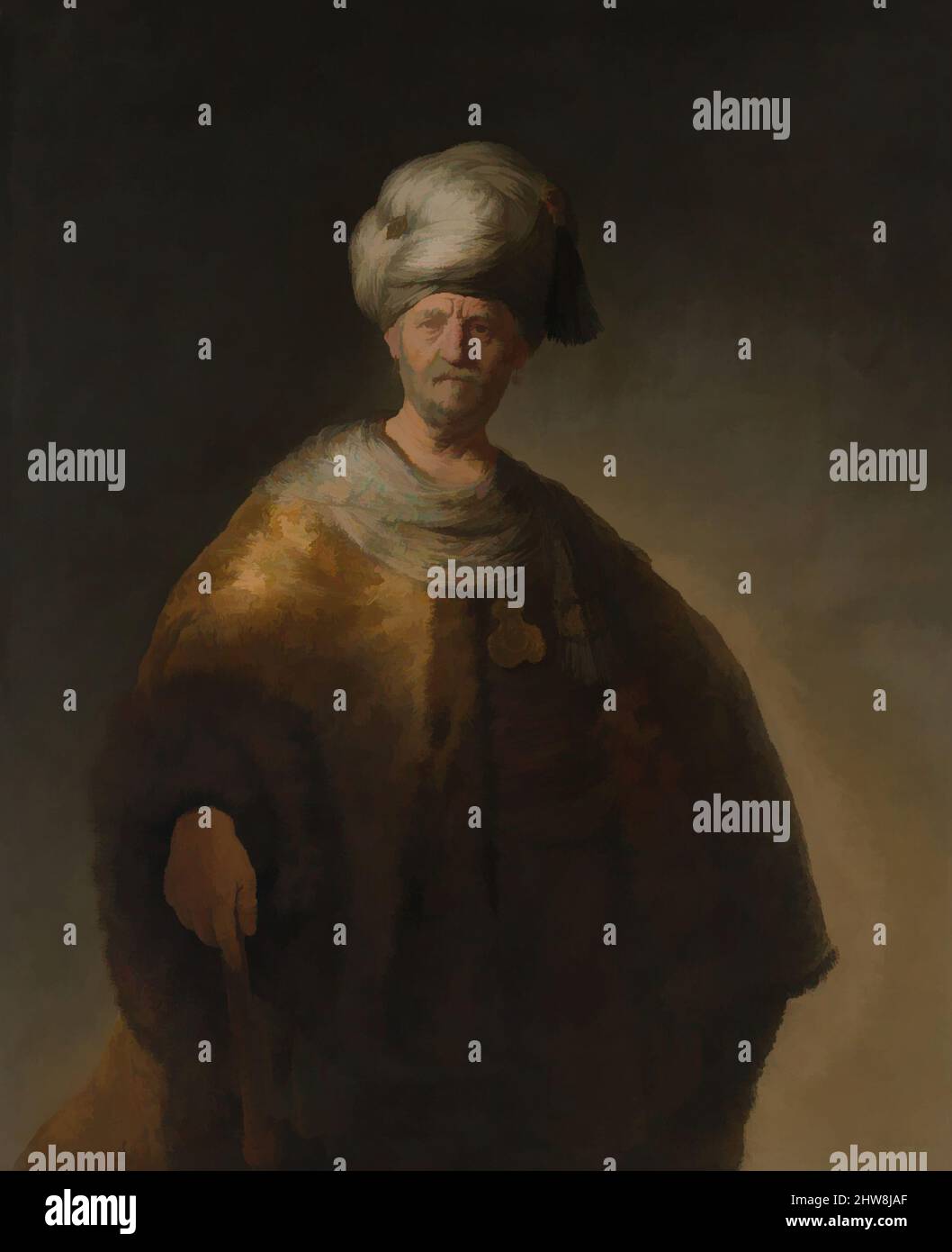 Art inspired by Man in Oriental Costume ('The Noble Slav'), 1632, Oil on canvas, 60 1/8 x 43 3/4in. (152.7 x 111.1cm), Paintings, Rembrandt (Rembrandt van Rijn) (Dutch, Leiden 1606–1669 Amsterdam), Compared with Rembrandt's formal portraits of the same year, this picture is remarkable, Classic works modernized by Artotop with a splash of modernity. Shapes, color and value, eye-catching visual impact on art. Emotions through freedom of artworks in a contemporary way. A timeless message pursuing a wildly creative new direction. Artists turning to the digital medium and creating the Artotop NFT Stock Photo