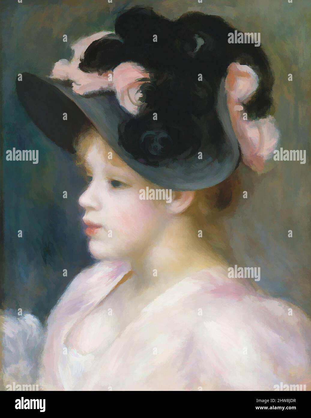 Art inspired by Young Girl in a Pink-and-Black Hat, ca. 1891, Oil on canvas, 16 x 12 3/4 in. (40.6 x 32.4 cm), Paintings, Auguste Renoir (French, Limoges 1841–1919 Cagnes-sur-Mer), This is one of many paintings that Renoir made in the 1890s of stylish young women in modish hats. He, Classic works modernized by Artotop with a splash of modernity. Shapes, color and value, eye-catching visual impact on art. Emotions through freedom of artworks in a contemporary way. A timeless message pursuing a wildly creative new direction. Artists turning to the digital medium and creating the Artotop NFT Stock Photo
