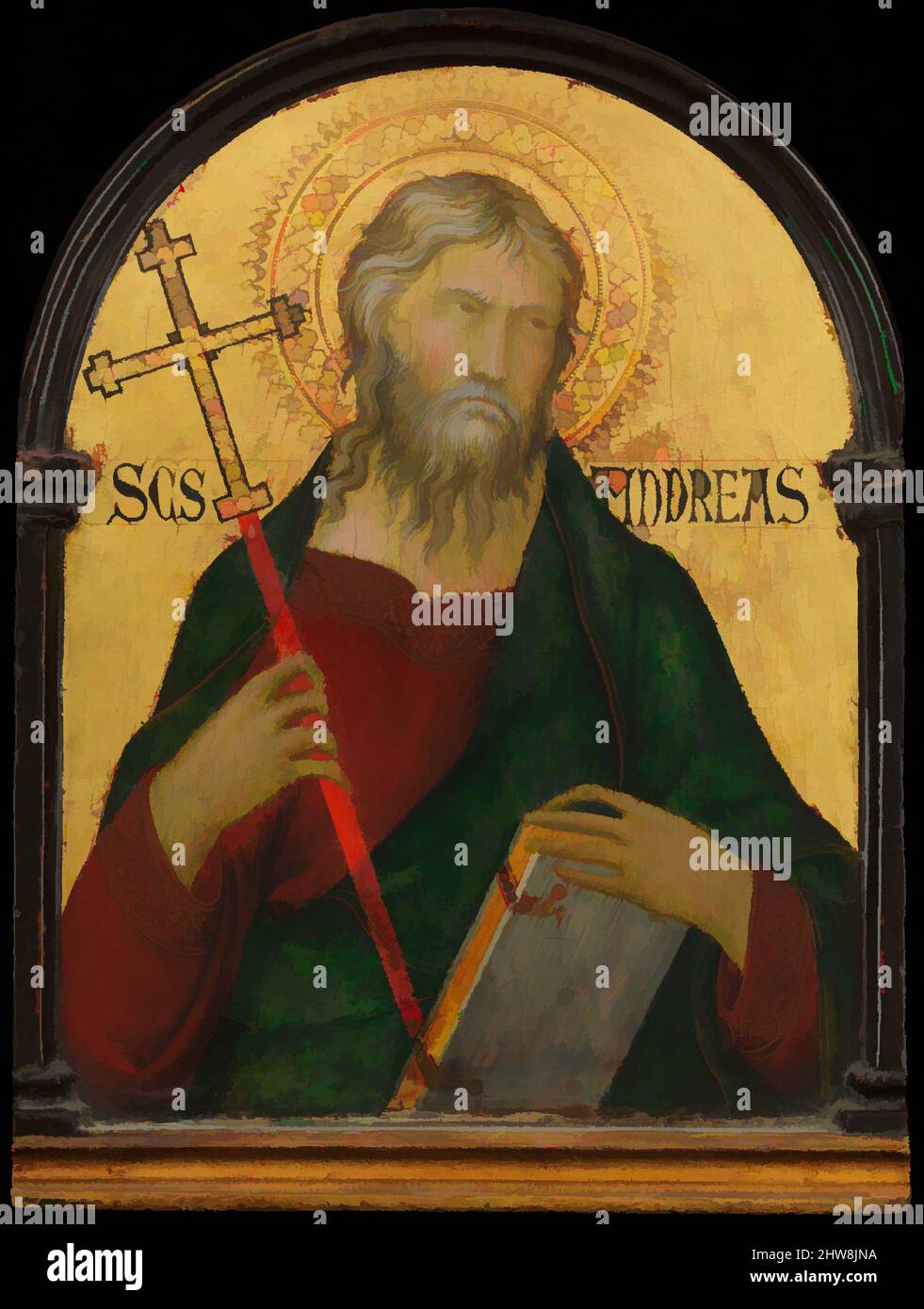 Art inspired by Saint Andrew, ca. 1317–19, Tempera on wood, gold ground, Overall, with arched top and engaged frame, 11 3/4 x 8 3/4 in. (29.8 x 22.2 cm); painted surface 10 3/8 x 7 7/8 in. (26.4 x 20 cm), Paintings, Workshop of Simone Martini (Italian, Siena, active by 1315–died 1344, Classic works modernized by Artotop with a splash of modernity. Shapes, color and value, eye-catching visual impact on art. Emotions through freedom of artworks in a contemporary way. A timeless message pursuing a wildly creative new direction. Artists turning to the digital medium and creating the Artotop NFT Stock Photo