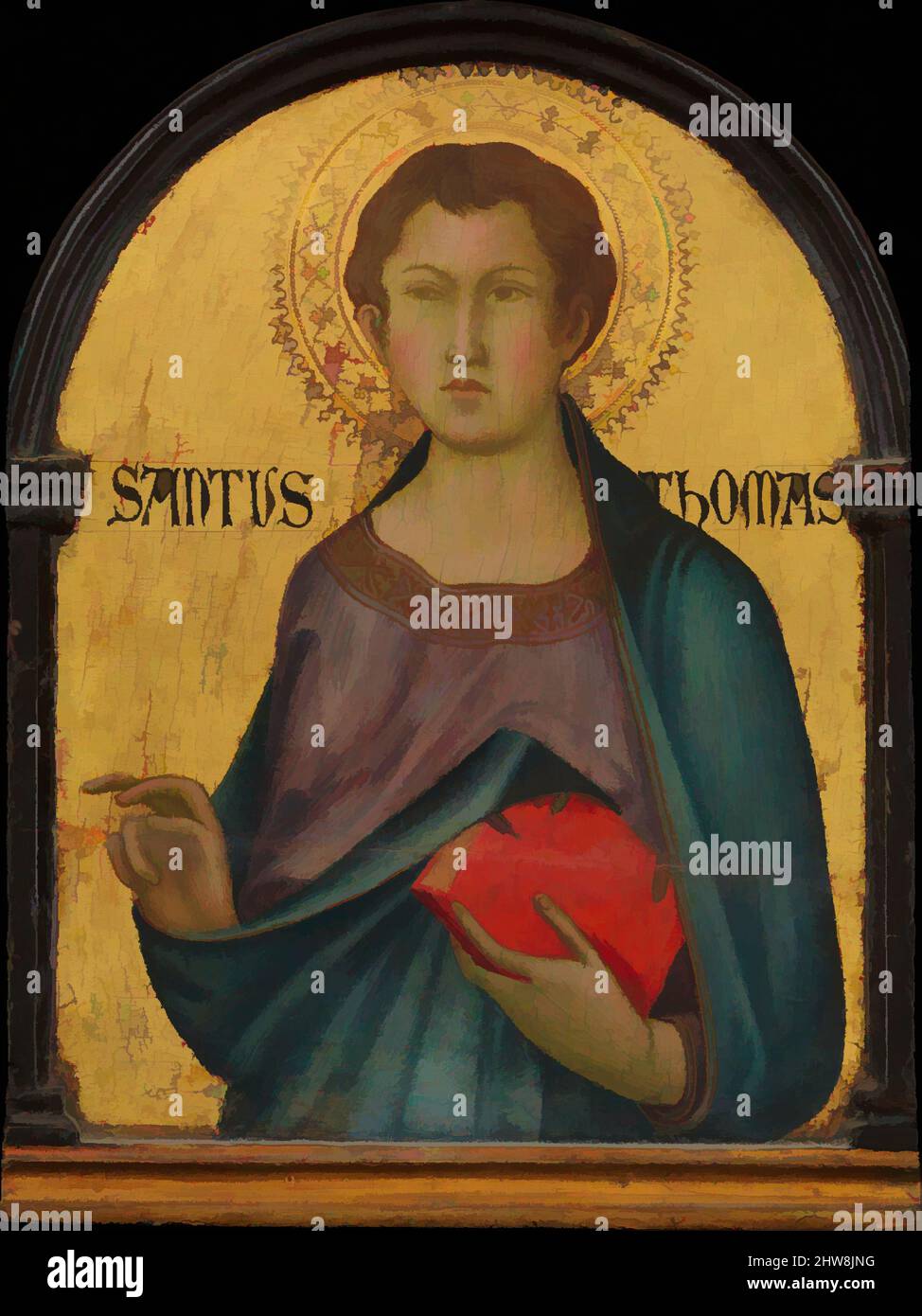 Art inspired by Saint Thomas, ca. 1317–19, Tempera on wood, gold ground, Overall, with arched top and engaged frame, 11 5/8 x 8 5/8 in. (29.5 x 21.9 cm); painted surface 10 3/8 x 7 3/4 in. (26.4 x 19.7 cm), Paintings, Workshop of Simone Martini (Italian, Siena, active by 1315–died 1344, Classic works modernized by Artotop with a splash of modernity. Shapes, color and value, eye-catching visual impact on art. Emotions through freedom of artworks in a contemporary way. A timeless message pursuing a wildly creative new direction. Artists turning to the digital medium and creating the Artotop NFT Stock Photo