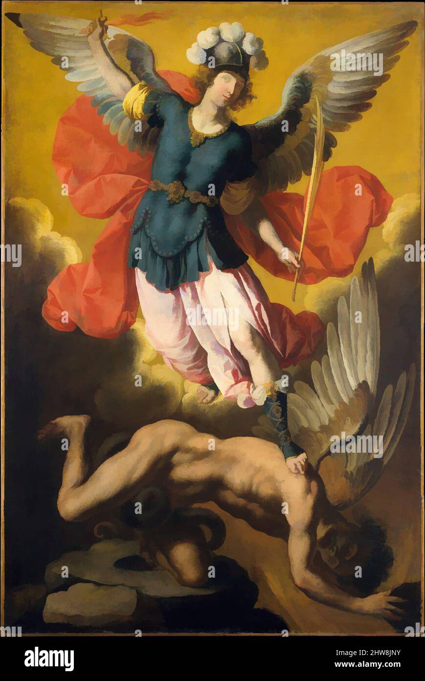 Art inspired by Saint Michael the Archangel, 1640s, Oil on canvas, 64 3/4 x 43 1/4 in. (164.5 x 109.9 cm), Paintings, Ignacio de Ries (Spanish, 1616–after 1665), Ries was the son of a Flemish painter who had settled in Seville. In the mid-1630s he worked for Zurbarán, some of whose, Classic works modernized by Artotop with a splash of modernity. Shapes, color and value, eye-catching visual impact on art. Emotions through freedom of artworks in a contemporary way. A timeless message pursuing a wildly creative new direction. Artists turning to the digital medium and creating the Artotop NFT Stock Photo