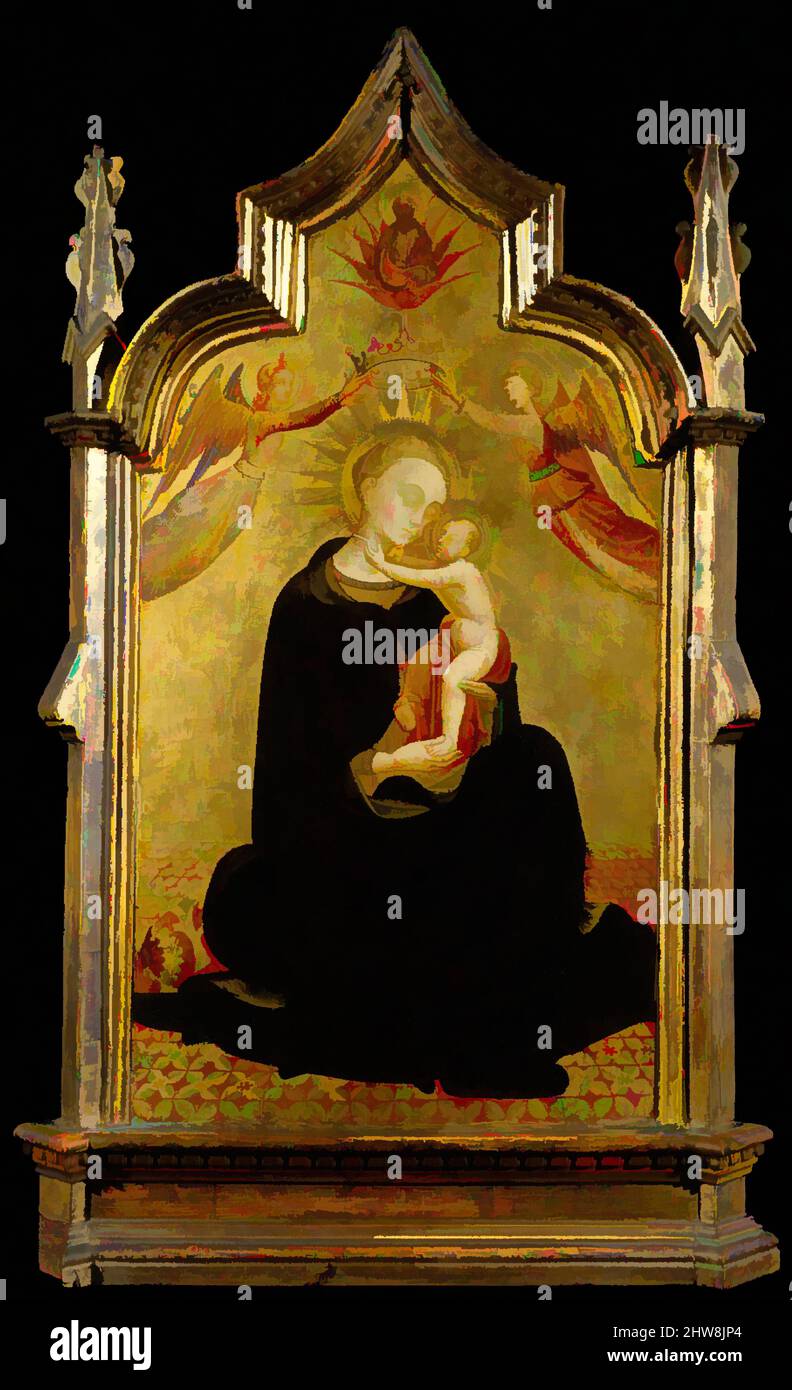 Art inspired by Madonna and Child with Angels, ca. 1445–50, Tempera on wood, gold ground, Overall, with shaped top and engaged (modern) frame, 31 3/4 x 19 3/4 in. (80.6 x 50.2 cm); painted surface 25 1/8 x 13 1/2 in. (63.8 x 34.3 cm), Paintings, Sassetta (Stefano di Giovanni) (Italian, Classic works modernized by Artotop with a splash of modernity. Shapes, color and value, eye-catching visual impact on art. Emotions through freedom of artworks in a contemporary way. A timeless message pursuing a wildly creative new direction. Artists turning to the digital medium and creating the Artotop NFT Stock Photo