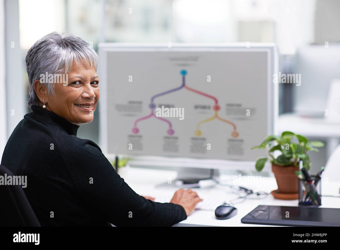 Im not scared of a little technology. Portrait of a happy mature businesswoman using her computer in the office. Stock Photo