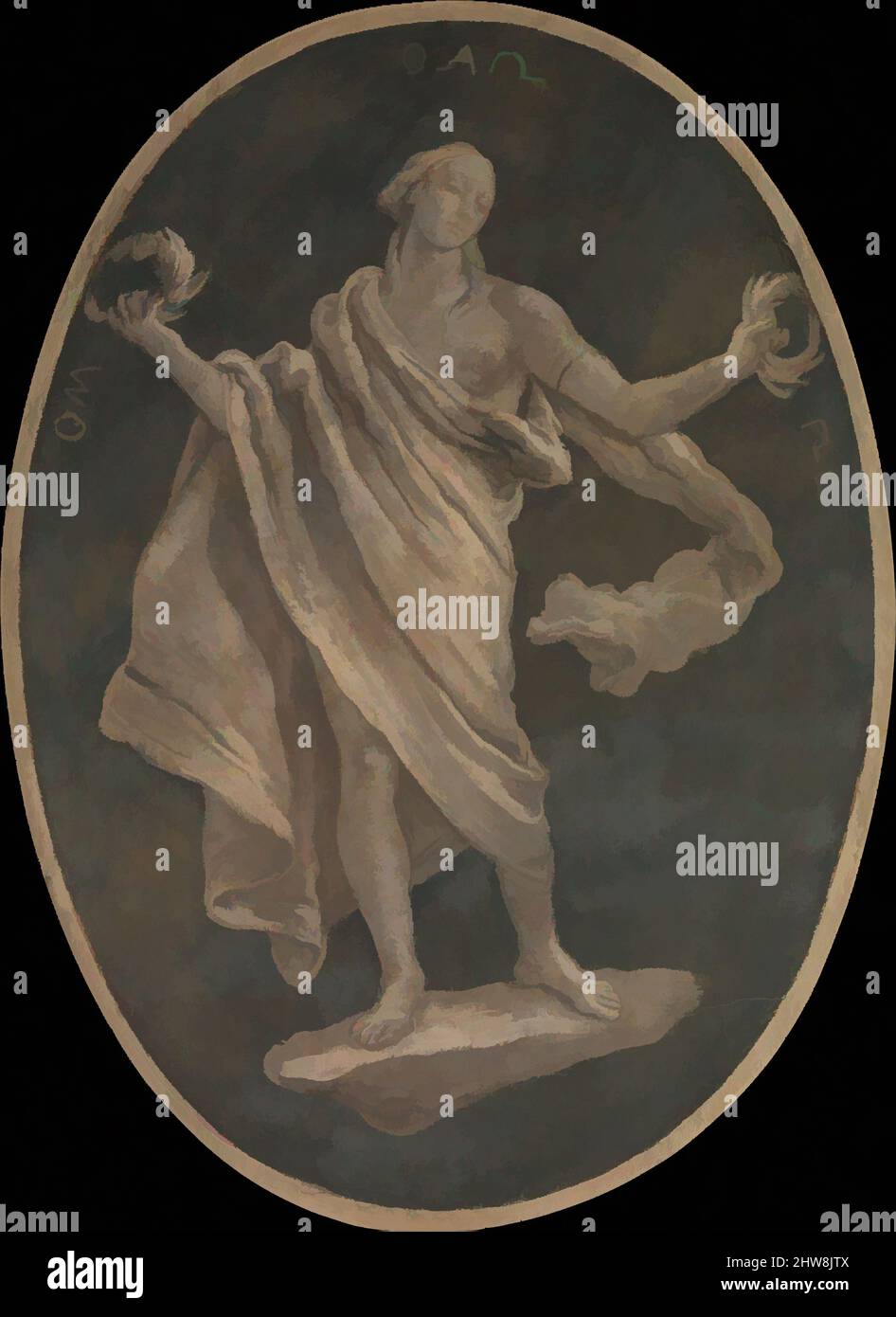 Art inspired by A Virtue, Possibly Patriotism, 1760, Fresco, transferred to canvas, Oval, 49 3/8 x 36 1/4 in. (125.4 x 92.1 cm), Paintings, Workshop of Giovanni Battista Tiepolo (Italian, Venice 1696–1770 Madrid), This detached fresco is from a series of four ovals that were designed, Classic works modernized by Artotop with a splash of modernity. Shapes, color and value, eye-catching visual impact on art. Emotions through freedom of artworks in a contemporary way. A timeless message pursuing a wildly creative new direction. Artists turning to the digital medium and creating the Artotop NFT Stock Photo