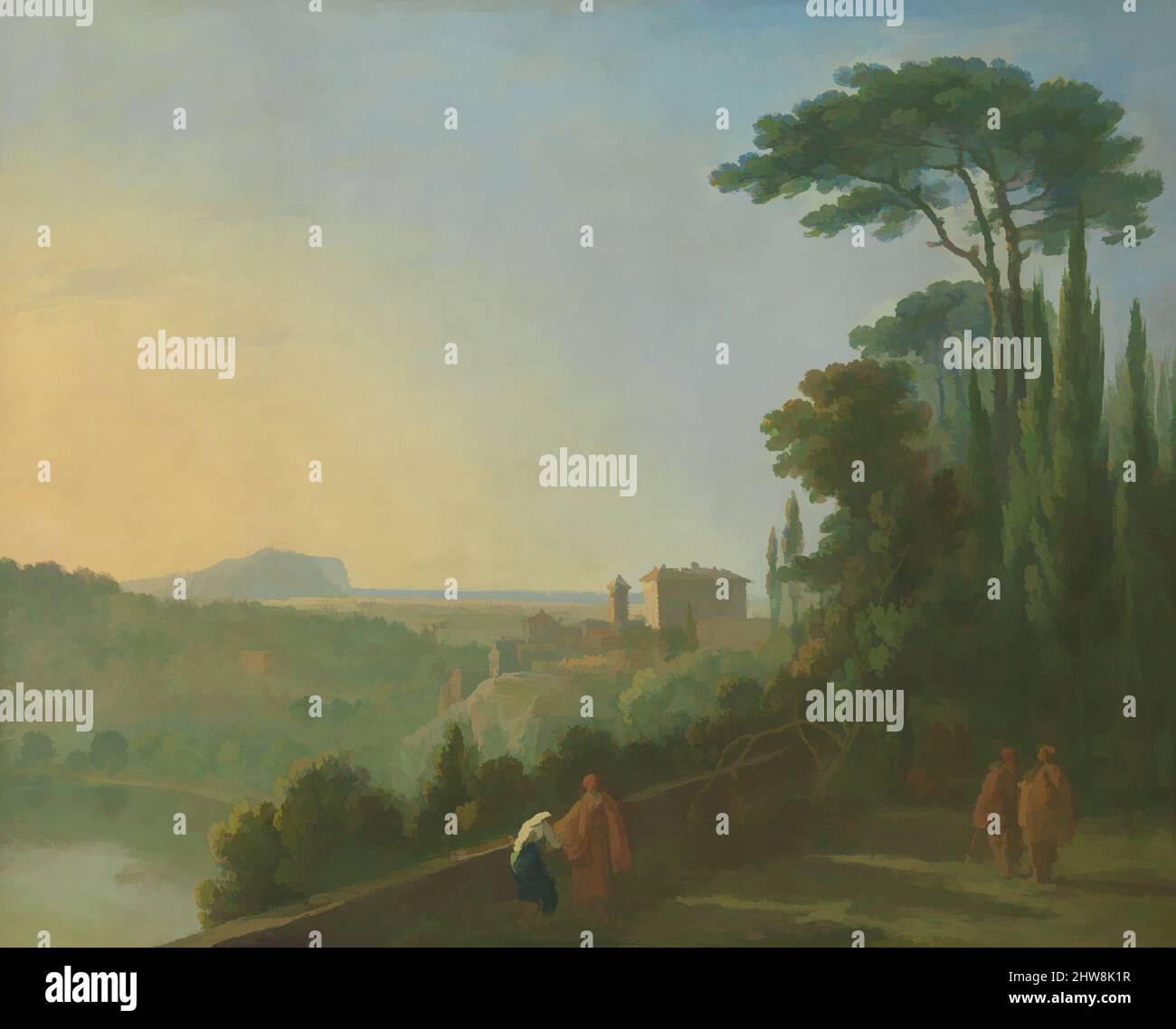 Art inspired by Lake Nemi and Genzano from the Terrace of the Capuchin Monastery, ca. 1756–57, Oil on canvas, 16 7/8 x 21 1/8 in. (42.9 x 53.7 cm), Paintings, Richard Wilson (British, Penegoes, Wales 1712/13–1782 Denbighshire, Wales), Wilson visited Lake Nemi, some twenty miles, Classic works modernized by Artotop with a splash of modernity. Shapes, color and value, eye-catching visual impact on art. Emotions through freedom of artworks in a contemporary way. A timeless message pursuing a wildly creative new direction. Artists turning to the digital medium and creating the Artotop NFT Stock Photo