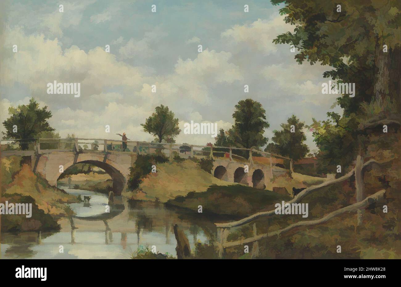 Art inspired by An Old Bridge at Hendon, Middlesex, ca. 1828, Oil on canvas, 21 3/4 x 32 3/4 in. (55.2 x 83.2 cm), Paintings, Frederick Waters Watts (British, Bath 1800–1870 Hampstead), A follower of John Constable, Watts exhibited widely as a landscapist but ceased painting around, Classic works modernized by Artotop with a splash of modernity. Shapes, color and value, eye-catching visual impact on art. Emotions through freedom of artworks in a contemporary way. A timeless message pursuing a wildly creative new direction. Artists turning to the digital medium and creating the Artotop NFT Stock Photo