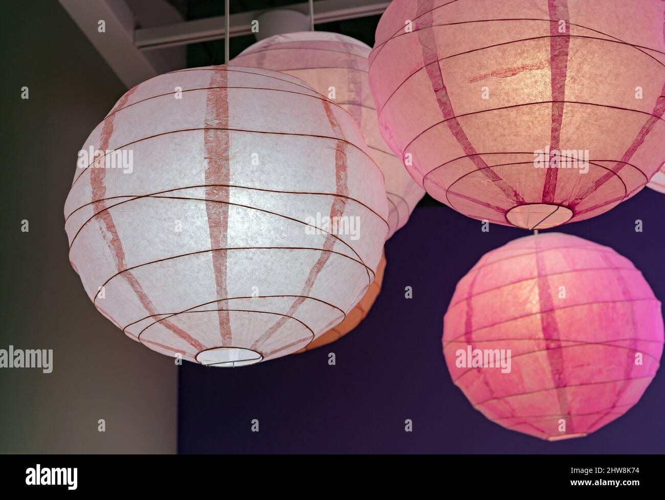 Multi colored paper lamps in oriental style. Rice paper lanterns
