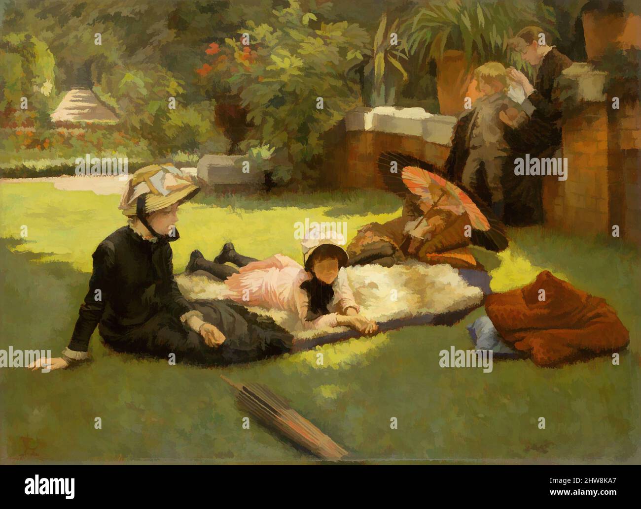 Art inspired by In Full Sunlight (En plein soleil), ca. 1881, Oil on wood, 9 3/4 x 13 7/8 in. (24.8 x 35.2 cm), Paintings, James Tissot (French, Nantes 1836–1902 Chenecey-Buillon), This group portrait includes the artist's companion, Kathleen Newton (1854–1882), at left; her children, Classic works modernized by Artotop with a splash of modernity. Shapes, color and value, eye-catching visual impact on art. Emotions through freedom of artworks in a contemporary way. A timeless message pursuing a wildly creative new direction. Artists turning to the digital medium and creating the Artotop NFT Stock Photo