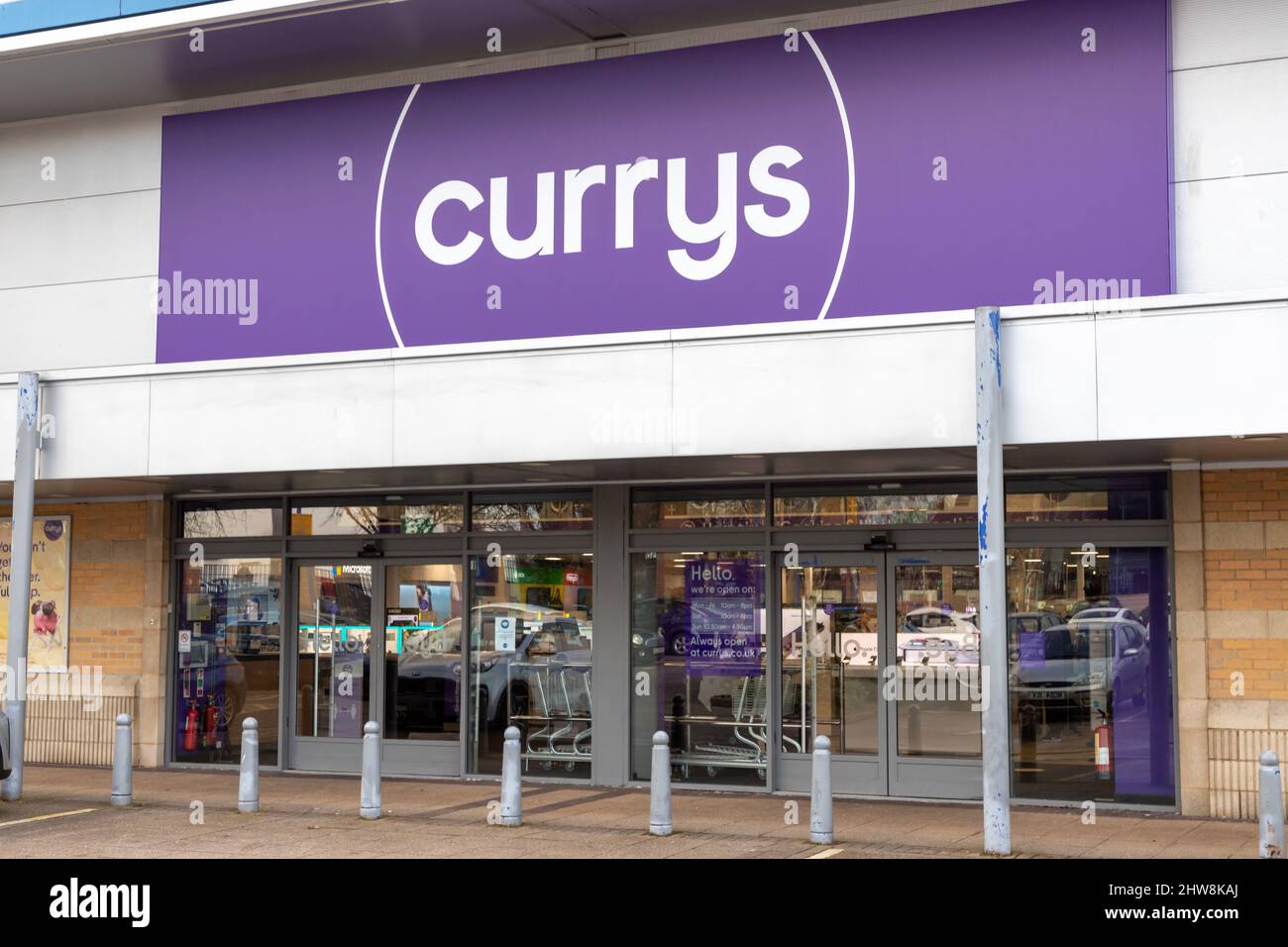 The frontage and logo of British electonics retailer, Currys at St Johns Retail Park in Wolverhampton, UK Stock Photo