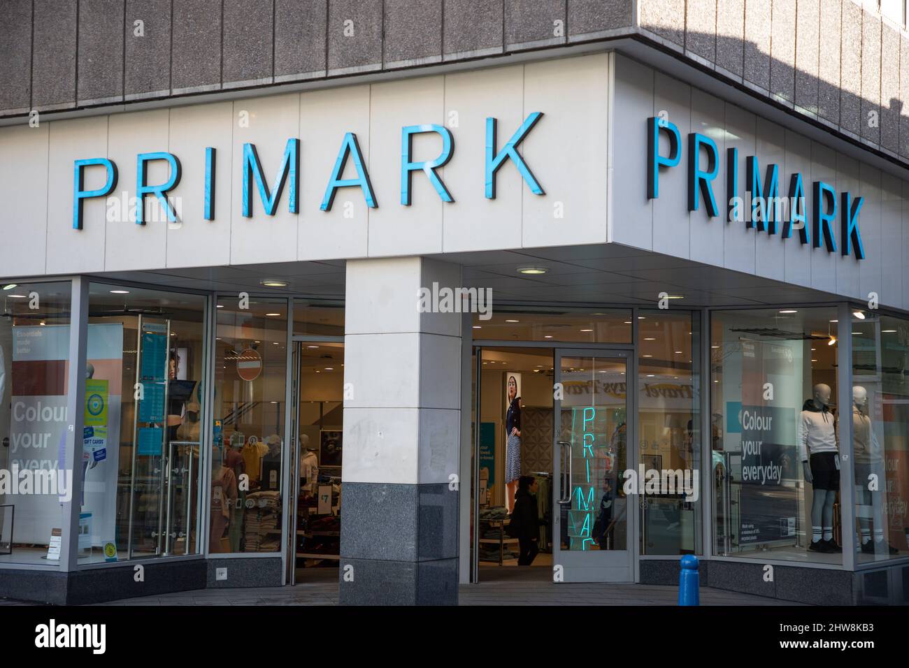 The store frontage of Primark in Dudley Street, Wolverhampton.  A popular Irish owned fashion chain that specialises in discounted fashion Stock Photo