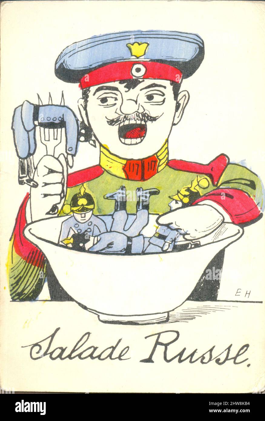 Satirical postcard titled Salade Russe, [Russian Salad] circa 1918 Stock Photo