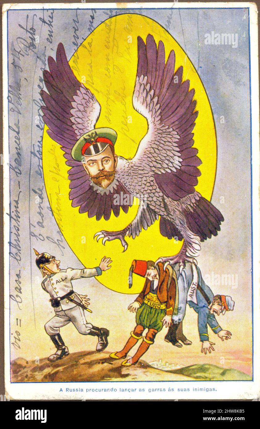 Satirical postcard showing Tzar Nicholas as the Russian eagle carrying off Turkish and Austrian militants circa 1918 Stock Photo