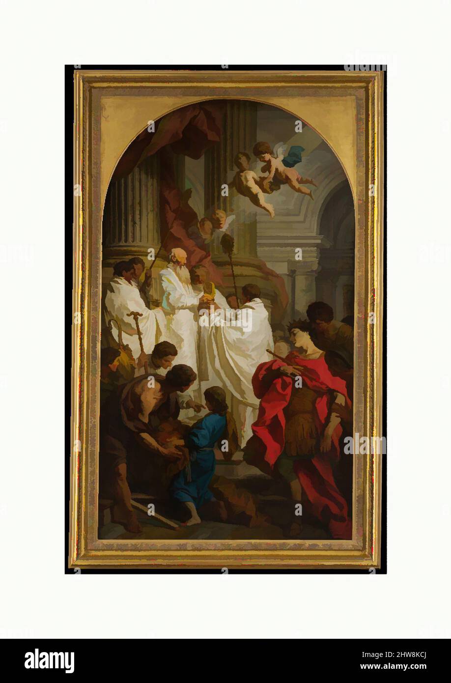 Art inspired by The Mass of Saint Basil, 1746, Oil on canvas, transferred from canvas, 54 x 31 1/8 in. (137 x 79 cm), Paintings, Pierre Hubert Subleyras (French, Saint-Gilles-du-Gard 1699–1749 Rome), The rare subject concerns Saint Basil the Great (ca. 339–379) and Emperor Valens, a, Classic works modernized by Artotop with a splash of modernity. Shapes, color and value, eye-catching visual impact on art. Emotions through freedom of artworks in a contemporary way. A timeless message pursuing a wildly creative new direction. Artists turning to the digital medium and creating the Artotop NFT Stock Photo