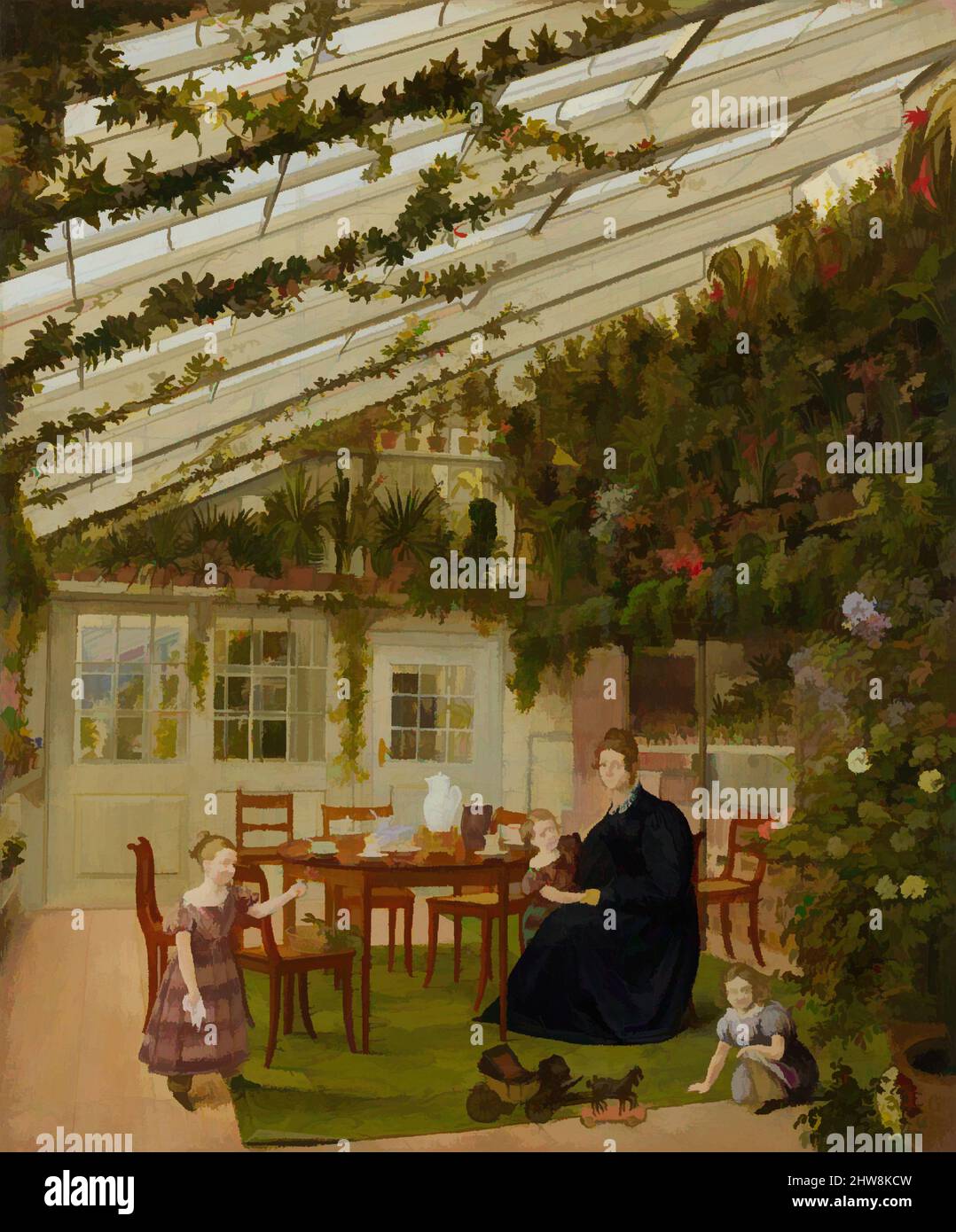 Art inspired by The Family of Mr. Westfal in the Conservatory, 1836, Oil on canvas, 9 3/8 x 7 7/8 in. (23.8 x 20 cm), Paintings, Eduard Gaertner (German, Berlin 1801–1877 Zechlin), This light-filled conservatory belonged to the prosperous Berlin wool merchant Christian Carl Westphal, a, Classic works modernized by Artotop with a splash of modernity. Shapes, color and value, eye-catching visual impact on art. Emotions through freedom of artworks in a contemporary way. A timeless message pursuing a wildly creative new direction. Artists turning to the digital medium and creating the Artotop NFT Stock Photo