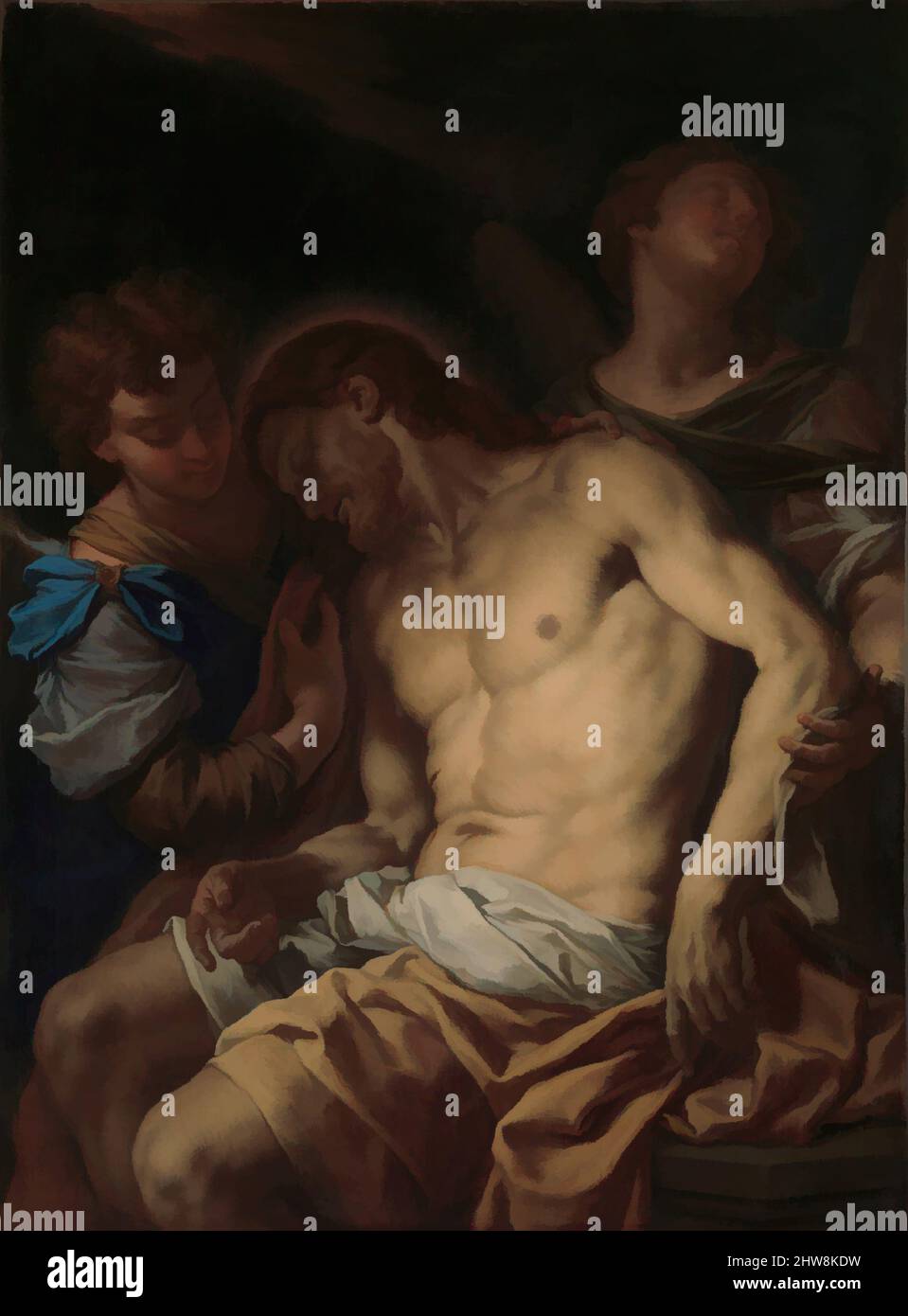 Art inspired by Dead Christ Supported by Angels, ca. 1710, Oil on canvas, 51 1/2 x 38 1/4 in. (130.8 x 97.2 cm), Paintings, Francesco Trevisani (Italian, Capodistria 1656–1746 Rome), Trevisani, of Venetian origins, spent most of his life in Rome, working for the papal court. He, Classic works modernized by Artotop with a splash of modernity. Shapes, color and value, eye-catching visual impact on art. Emotions through freedom of artworks in a contemporary way. A timeless message pursuing a wildly creative new direction. Artists turning to the digital medium and creating the Artotop NFT Stock Photo