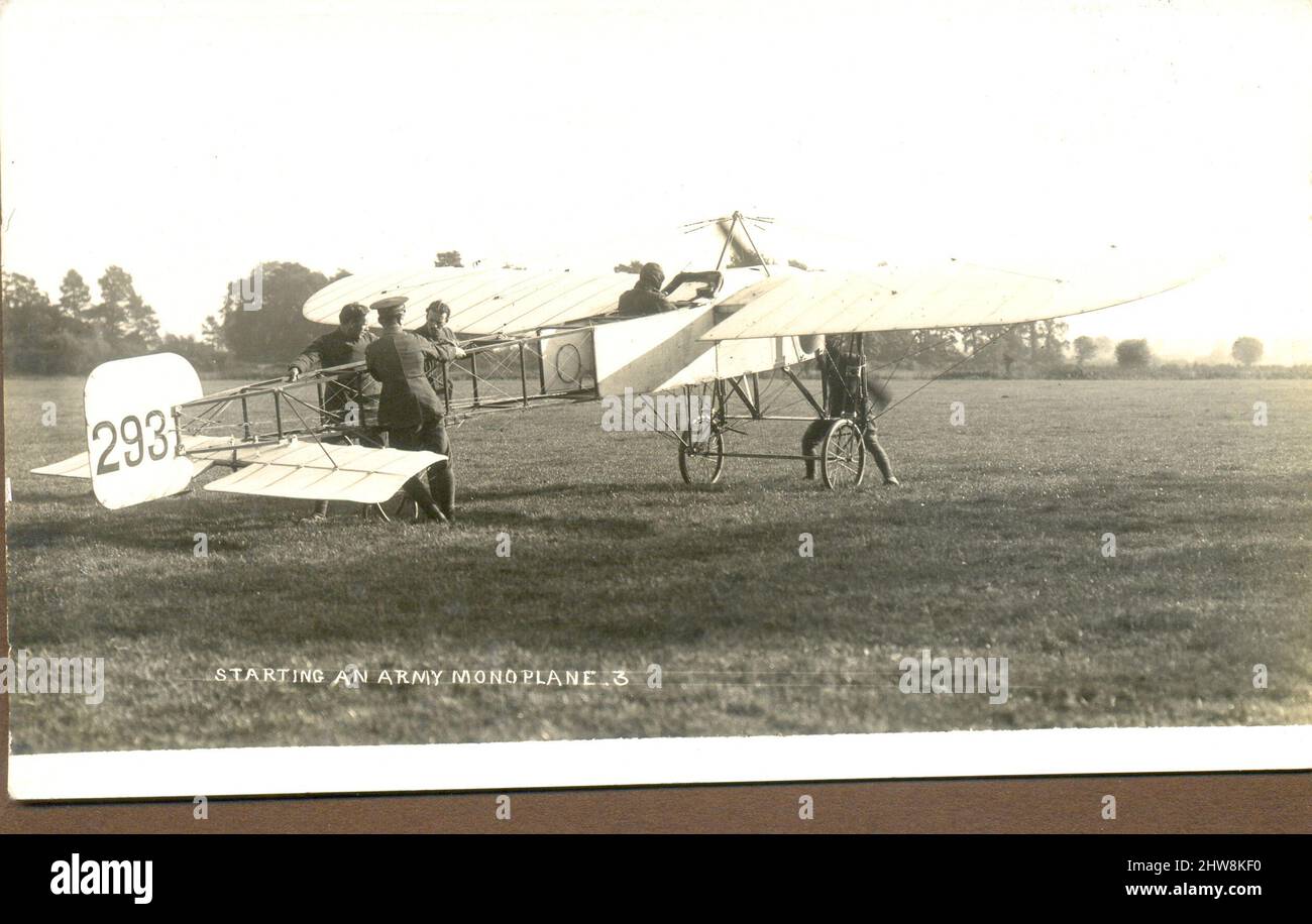 Photographic postcard titled Starting an Army Monoplane circa 1912 Stock Photo