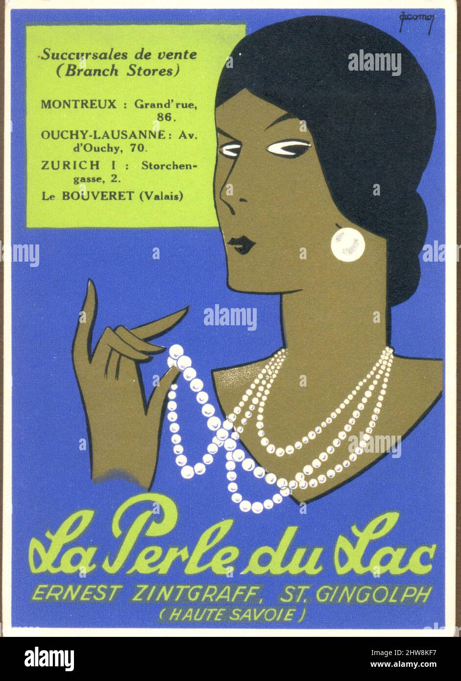 Swiss advertising postcard showing model fingering her pearl necklace circa 1928 Stock Photo