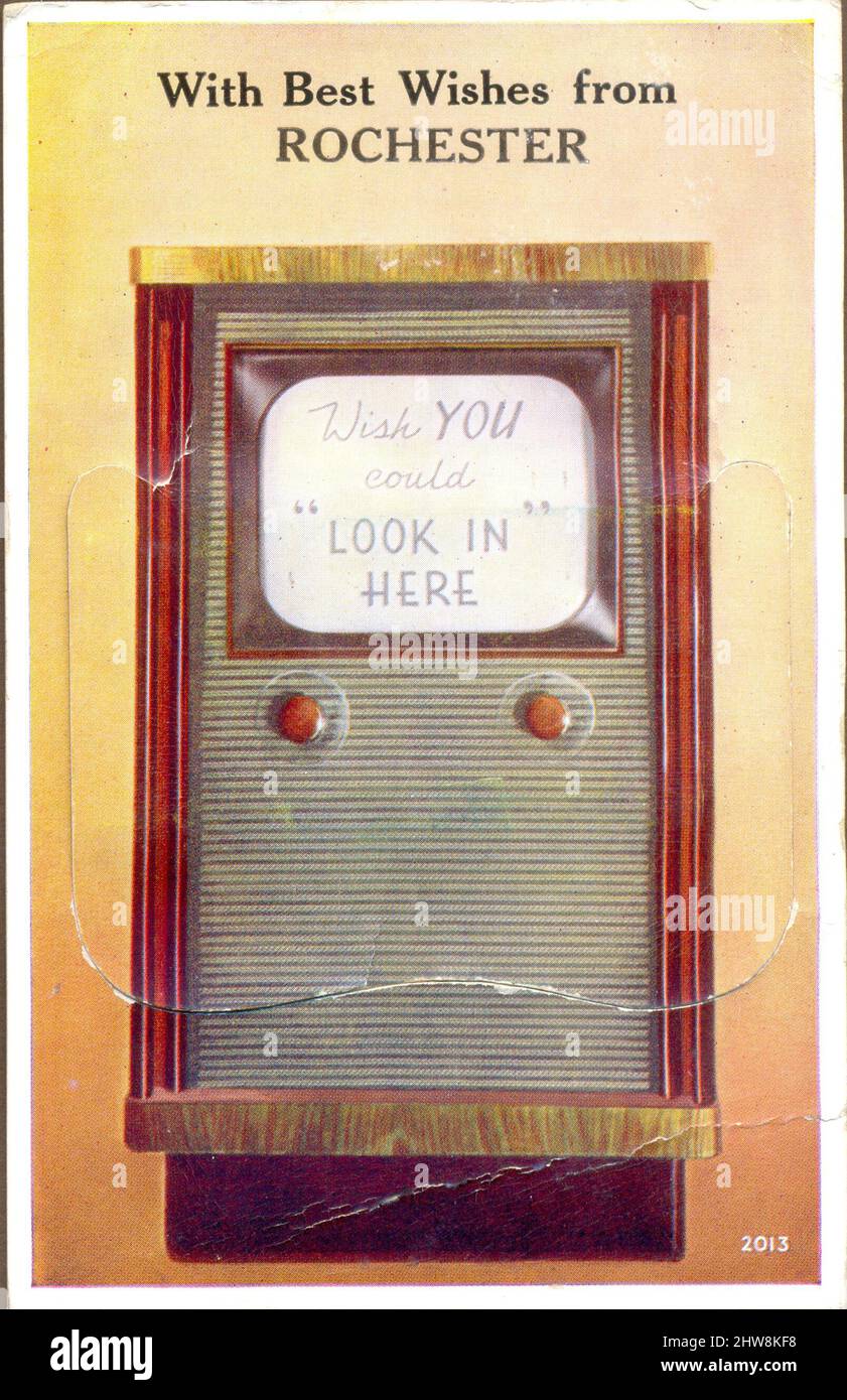 Novelty postcard showing television set with drop down folding list of photographs of Rochester, Kent postally used 1956 Stock Photo