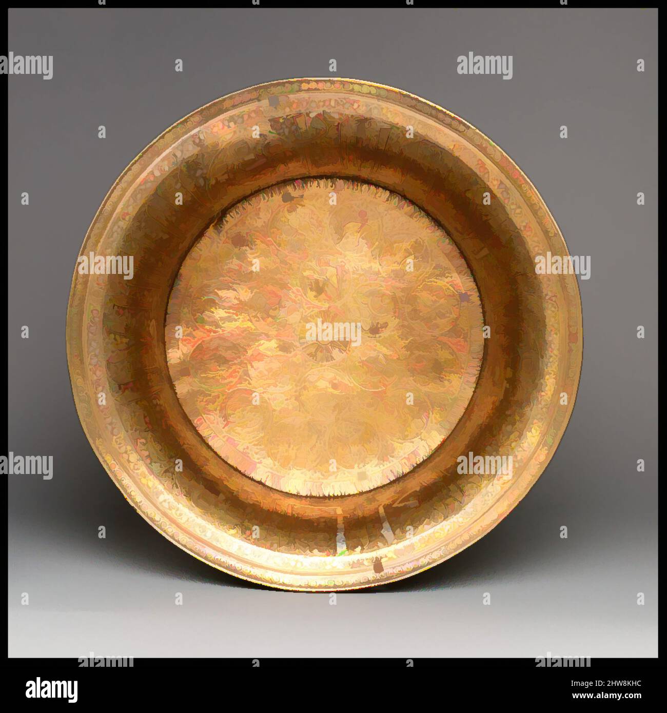 Art inspired by Basin with Zodiac signs and royal titles, late 13th–early 14th century, Attributed to Egypt or Syria, Brass; engraved and inlaid with silver and black compound, H. 4 1/2 in. (11.4 cm), Metal, The bottom of this basin depicts the sun surrounded by all twelve signs on the, Classic works modernized by Artotop with a splash of modernity. Shapes, color and value, eye-catching visual impact on art. Emotions through freedom of artworks in a contemporary way. A timeless message pursuing a wildly creative new direction. Artists turning to the digital medium and creating the Artotop NFT Stock Photo