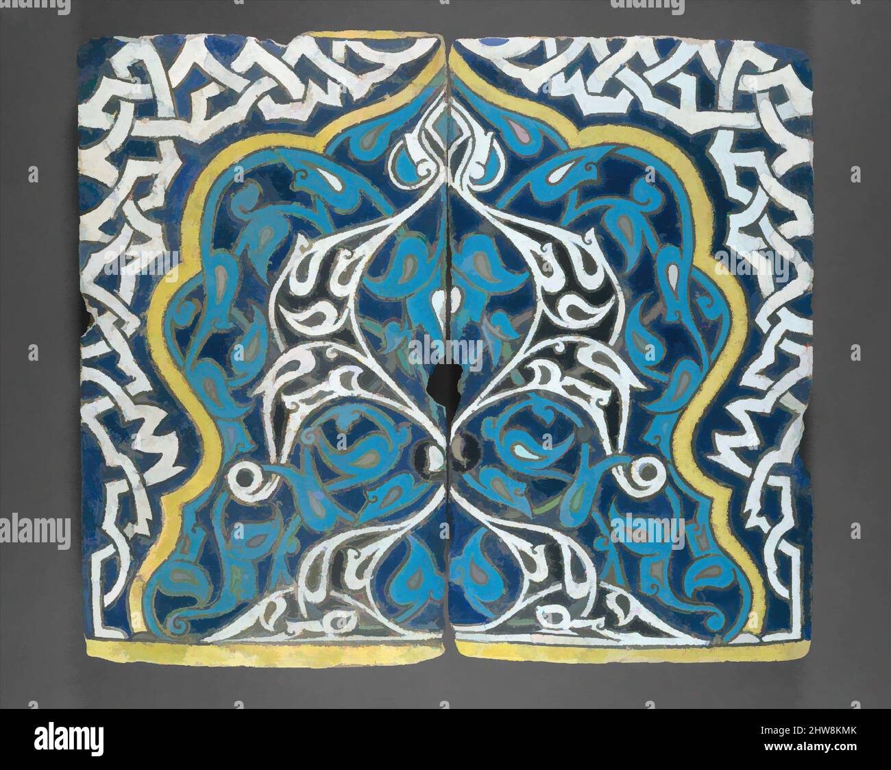 Art inspired by Shaped Tiles in the 'Cuerda Seca' Technique, late 14th century, Attributed to Turkey, Konya, Stonepaste; polychrome glaze within black wax resist outlines (cuerda seca technique), Tile a: H. 18 13/16 in. (47.8 cm), Ceramics-Tiles, A brilliant but short‑lived episode in, Classic works modernized by Artotop with a splash of modernity. Shapes, color and value, eye-catching visual impact on art. Emotions through freedom of artworks in a contemporary way. A timeless message pursuing a wildly creative new direction. Artists turning to the digital medium and creating the Artotop NFT Stock Photo