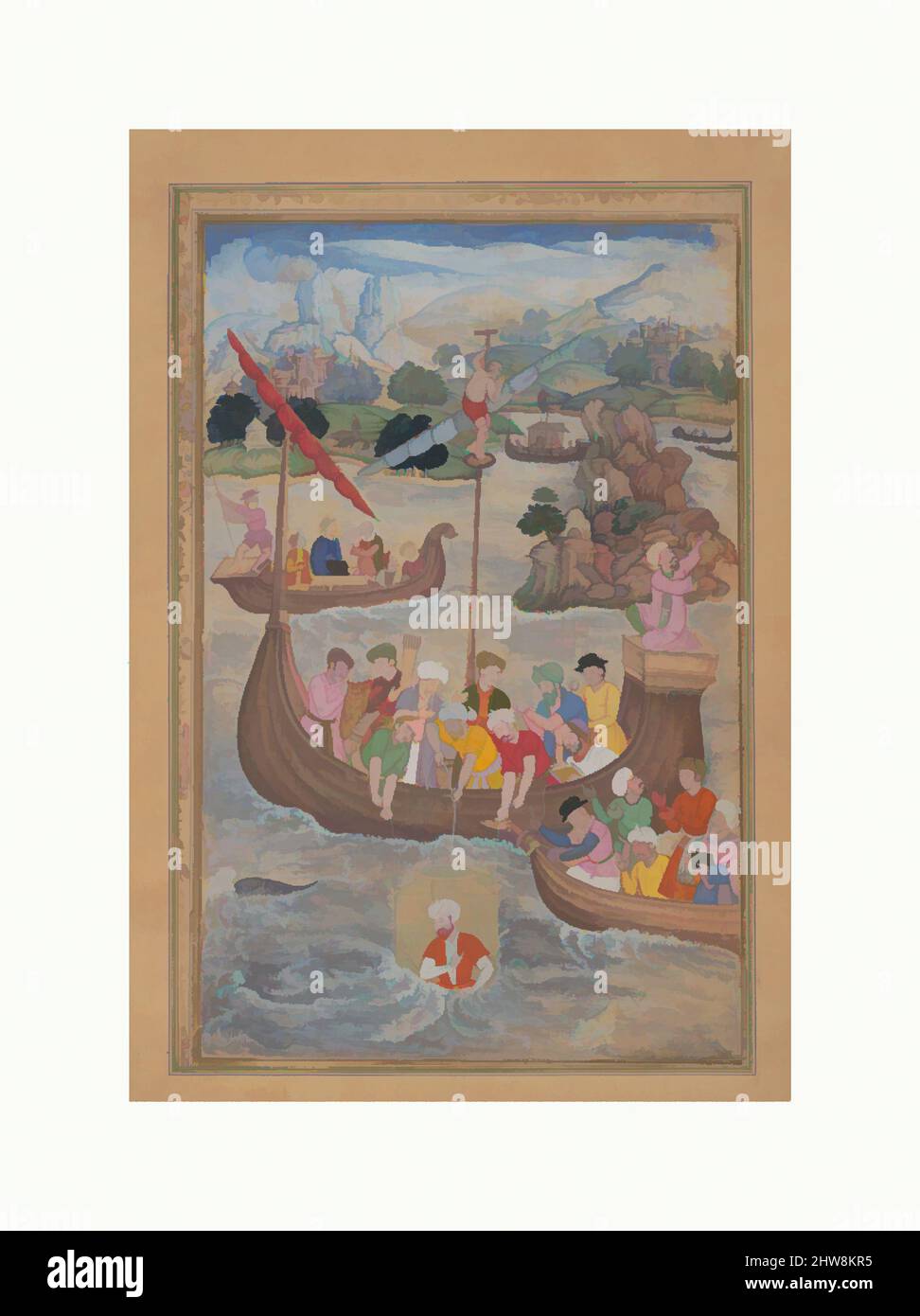 Art inspired by Alexander is Lowered into the Sea', Folio from a Khamsa (Quintet) of Amir Khusrau Dihlavi, 1597–98, Attributed to India, Main support: Ink, watercolor, gold on paper, 9 3/8 x 6 1/4in. (23.8 x 15.9cm), Codices, Painting attributed to Mukunda, The Khamsa of the Indian, Classic works modernized by Artotop with a splash of modernity. Shapes, color and value, eye-catching visual impact on art. Emotions through freedom of artworks in a contemporary way. A timeless message pursuing a wildly creative new direction. Artists turning to the digital medium and creating the Artotop NFT Stock Photo