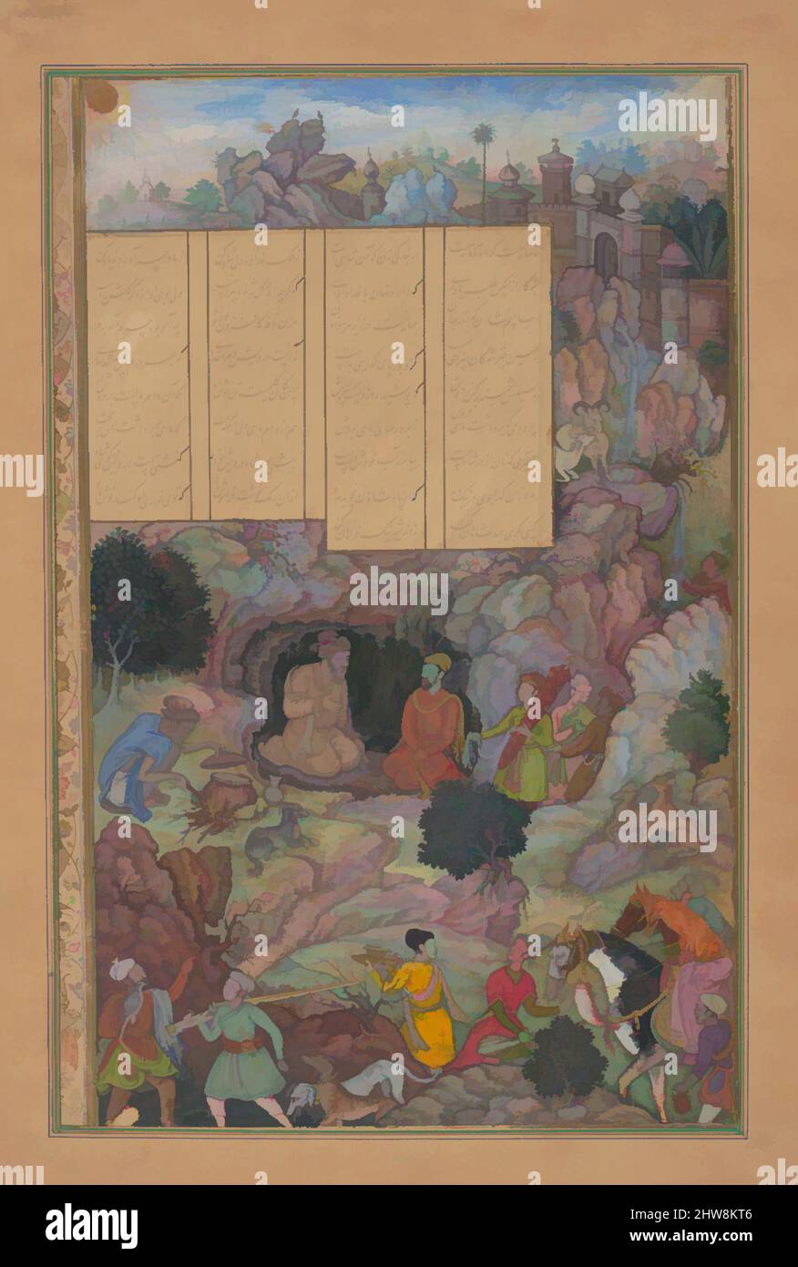 Art inspired by Alexander Visits the Sage Plato in his Mountain Cave', Folio from a Khamsa (Quintet) of Amir Khusrau Dihlavi, 1597–98, Attributed to India, Main support: Ink, opaque watercolor, gold on paper, Page: 9 7/8 x 6 1/4 in. (25.1 x 15.9 cm), Codices, attributed to Basawan (, Classic works modernized by Artotop with a splash of modernity. Shapes, color and value, eye-catching visual impact on art. Emotions through freedom of artworks in a contemporary way. A timeless message pursuing a wildly creative new direction. Artists turning to the digital medium and creating the Artotop NFT Stock Photo
