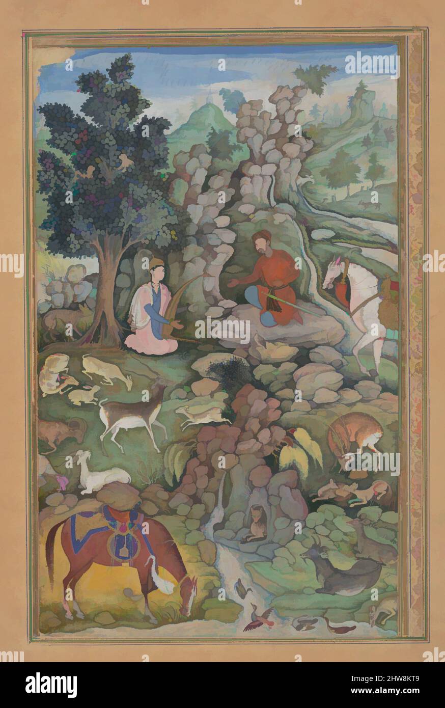 Art inspired by Bahram Gur Sees a Herd of Deer Mesmerized by Dilaram' s Music', Folio from a Khamsa (Quintet) of Amir Khusrau Dihlavi, 1597–98, Attributed to India, Main support: ink, opaque watercolor, and gold on paper, 9 5/8 x 5 15/16in. (24.5 x 15.1cm), Codices, Attributed to, Classic works modernized by Artotop with a splash of modernity. Shapes, color and value, eye-catching visual impact on art. Emotions through freedom of artworks in a contemporary way. A timeless message pursuing a wildly creative new direction. Artists turning to the digital medium and creating the Artotop NFT Stock Photo