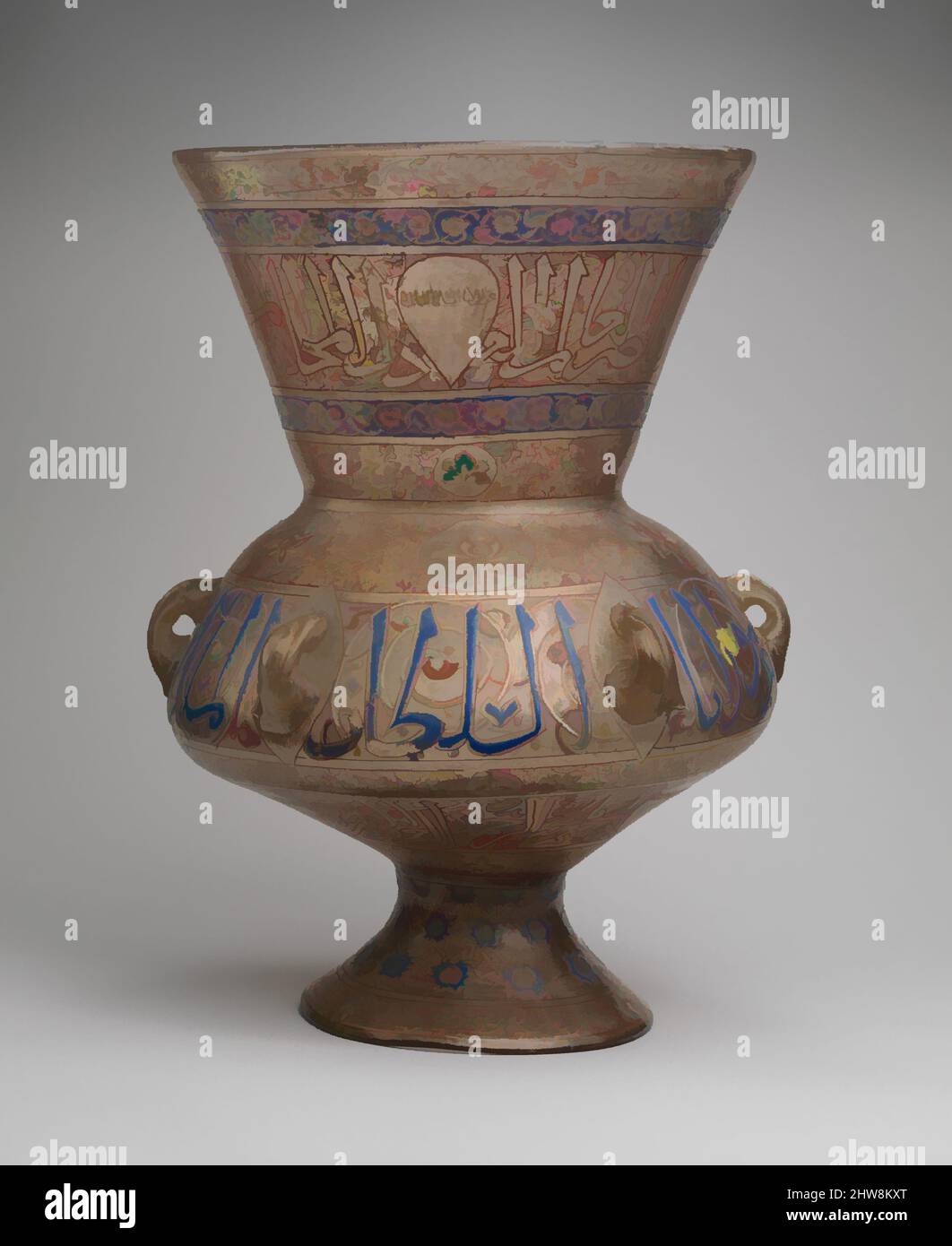 Art inspired by Mosque Lamp Bearing the Name of the Mamluk Sultan al-Malik al-Nasir, ca. 1340, Attributed to Syria, Glass, colorless with brown tinge; blown, applied blown foot, applied handles; enameled and gilded, H. 13 in. (33 cm), Glass, Classic works modernized by Artotop with a splash of modernity. Shapes, color and value, eye-catching visual impact on art. Emotions through freedom of artworks in a contemporary way. A timeless message pursuing a wildly creative new direction. Artists turning to the digital medium and creating the Artotop NFT Stock Photo