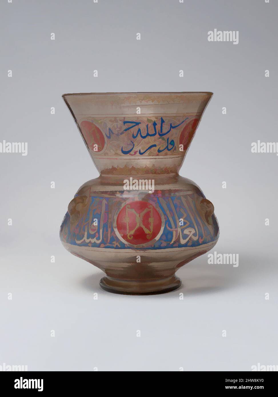 Art inspired by Mosque Lamp for the Mausoleum of Amir Aydakin al-'Ala'i al-Bunduqdar, shortly after 1285, Made in Egypt, probably Cairo, Glass, brownish; blown, folded foot, applied handles; enameled and gilded, H. 10 3/8 in. (26.4 cm), Glass, This lamp’s inscriptions reveal that it, Classic works modernized by Artotop with a splash of modernity. Shapes, color and value, eye-catching visual impact on art. Emotions through freedom of artworks in a contemporary way. A timeless message pursuing a wildly creative new direction. Artists turning to the digital medium and creating the Artotop NFT Stock Photo