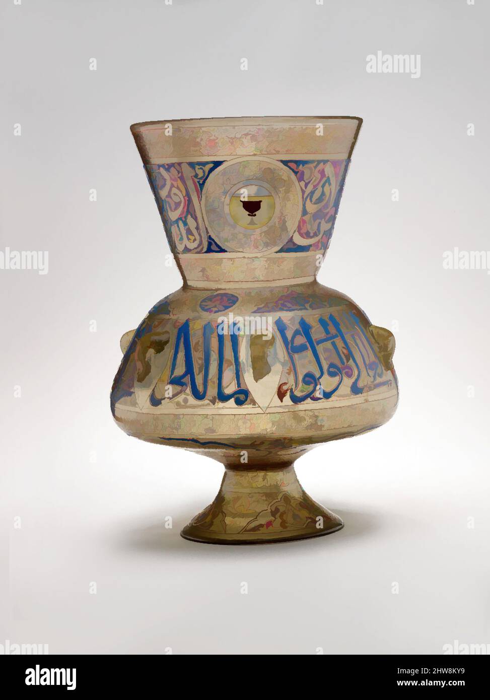 Art inspired by Mosque Lamp of Amir Qawsun, ca. 1329–35, Attributed to Egypt, Glass, colorless with brown tinge; blown, blown applied foot, enameled and gilded, H. 14 1/8 in. (35.9 cm), Glass, Ali ibn Muhammad al-Barmaki ?, Large glass lamps of this type were commissioned by sultans, Classic works modernized by Artotop with a splash of modernity. Shapes, color and value, eye-catching visual impact on art. Emotions through freedom of artworks in a contemporary way. A timeless message pursuing a wildly creative new direction. Artists turning to the digital medium and creating the Artotop NFT Stock Photo
