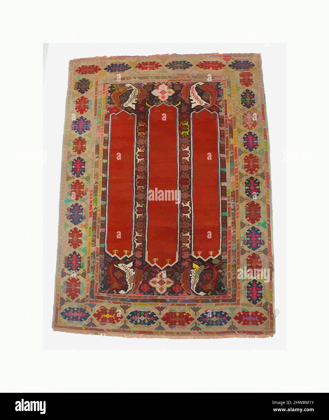 Art inspired by Double-Ended Two-Column Carpet, probably 18th century, Attributed to West-central Turkey, Wool (warp, weft and pile); symmetrically knotted pile, H. 75 in. (190.5 cm), Textiles-Rugs, Classic works modernized by Artotop with a splash of modernity. Shapes, color and value, eye-catching visual impact on art. Emotions through freedom of artworks in a contemporary way. A timeless message pursuing a wildly creative new direction. Artists turning to the digital medium and creating the Artotop NFT Stock Photo