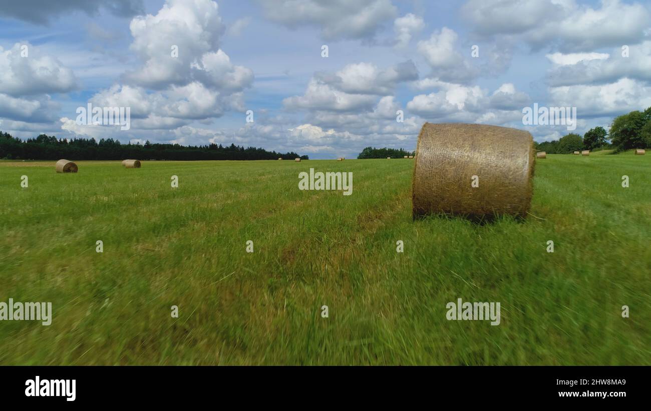Aerial view of green field wth hay rolls on blue cloudy sky background ...