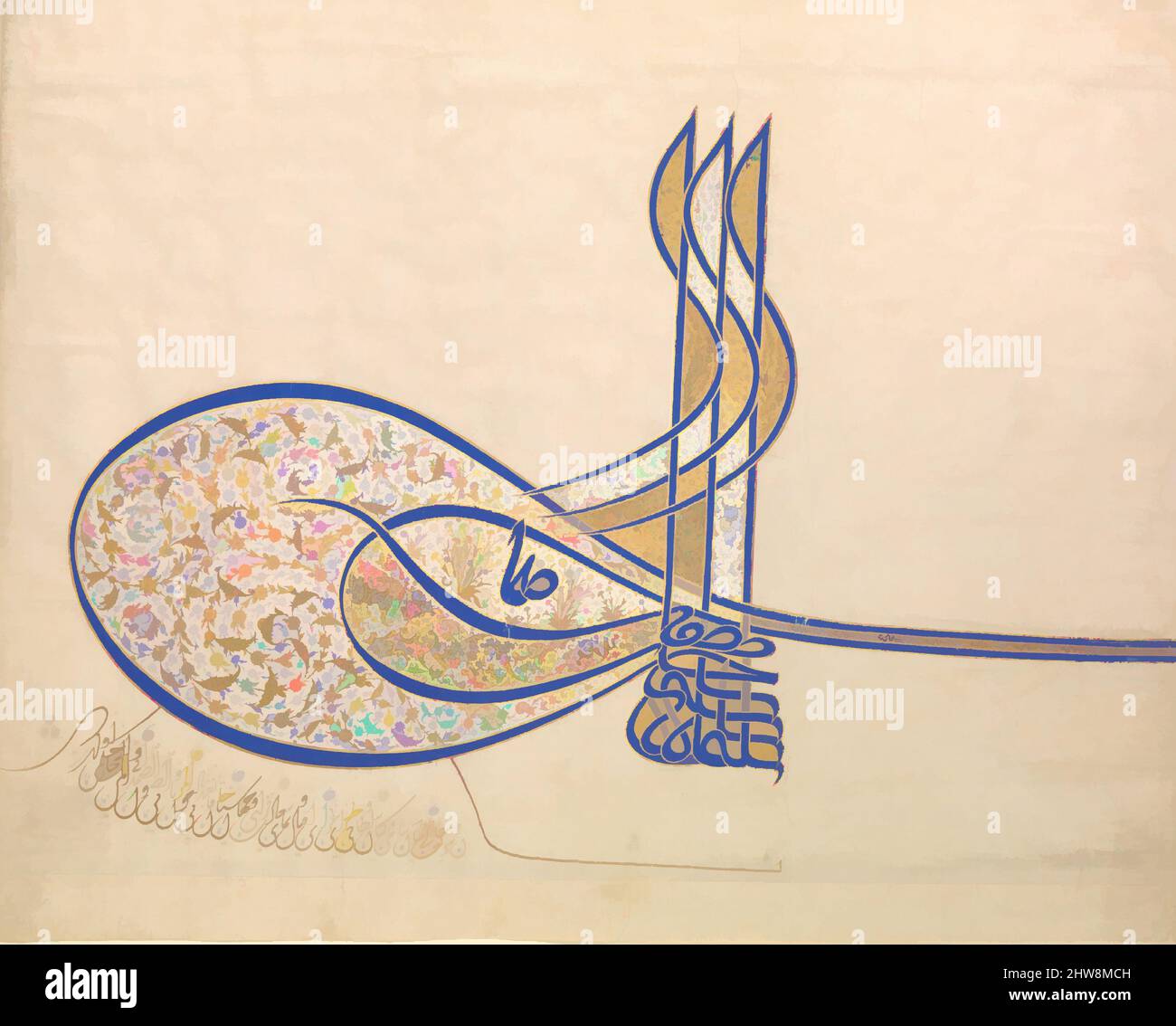 Art inspired by Tughra (Official Signature) of Sultan Süleiman the Magnificent (r. 1520–66), ca. 1555–60, From Turkey, Istanbul, Ink, opaque watercolor, and gold on paper, H. 20 1/2 in. (52.1 cm), Codices, The Ottoman tughra is a calligraphic emblem of the sultan's authority that was, Classic works modernized by Artotop with a splash of modernity. Shapes, color and value, eye-catching visual impact on art. Emotions through freedom of artworks in a contemporary way. A timeless message pursuing a wildly creative new direction. Artists turning to the digital medium and creating the Artotop NFT Stock Photo