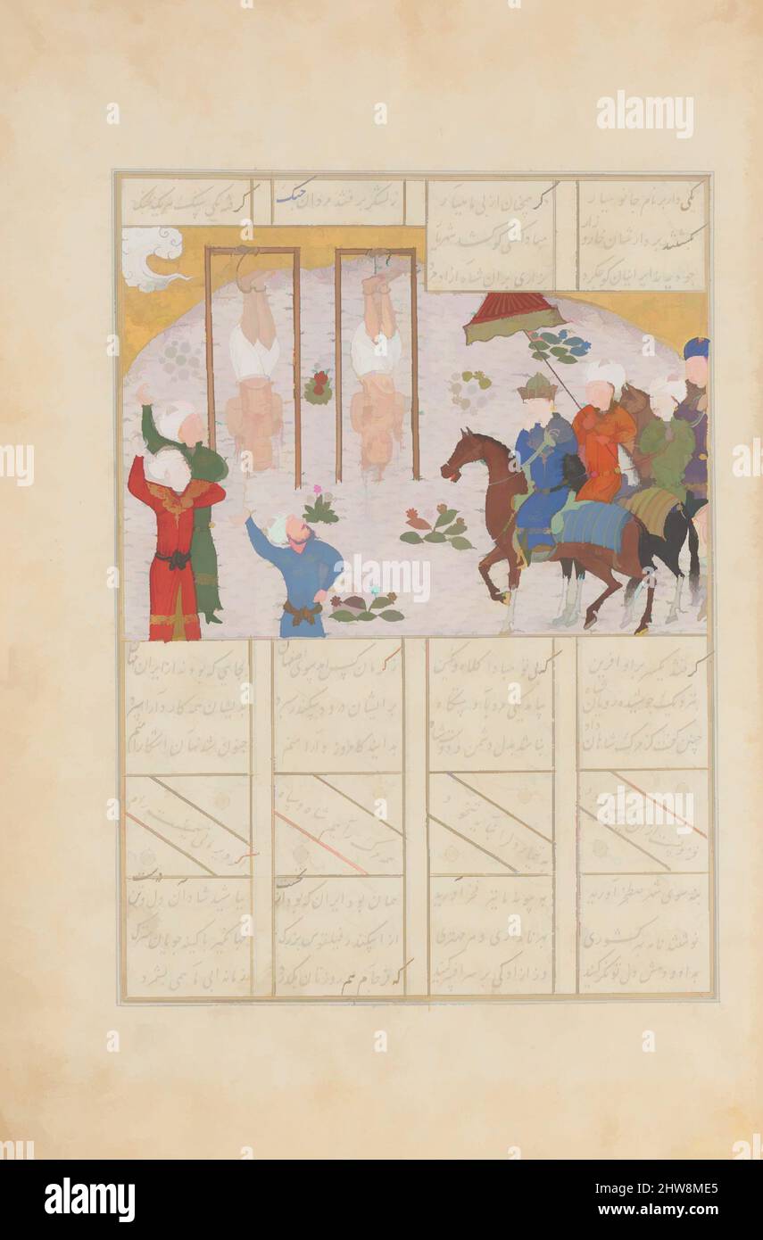 Art inspired by Alexander Executes Janusiyar and Mahiyar, the Slayers of Darius', Folio from a Shahnama (Book of Kings) of Firdausi, dated A.H. 887/A.D. 1482, Made in Iran, Shiraz, Ink, opaque watercolor, and gold on paper, 8 3/4 x 5 3/8in. (22.2 x 13.6cm), Codices, Alexander the Great, Classic works modernized by Artotop with a splash of modernity. Shapes, color and value, eye-catching visual impact on art. Emotions through freedom of artworks in a contemporary way. A timeless message pursuing a wildly creative new direction. Artists turning to the digital medium and creating the Artotop NFT Stock Photo