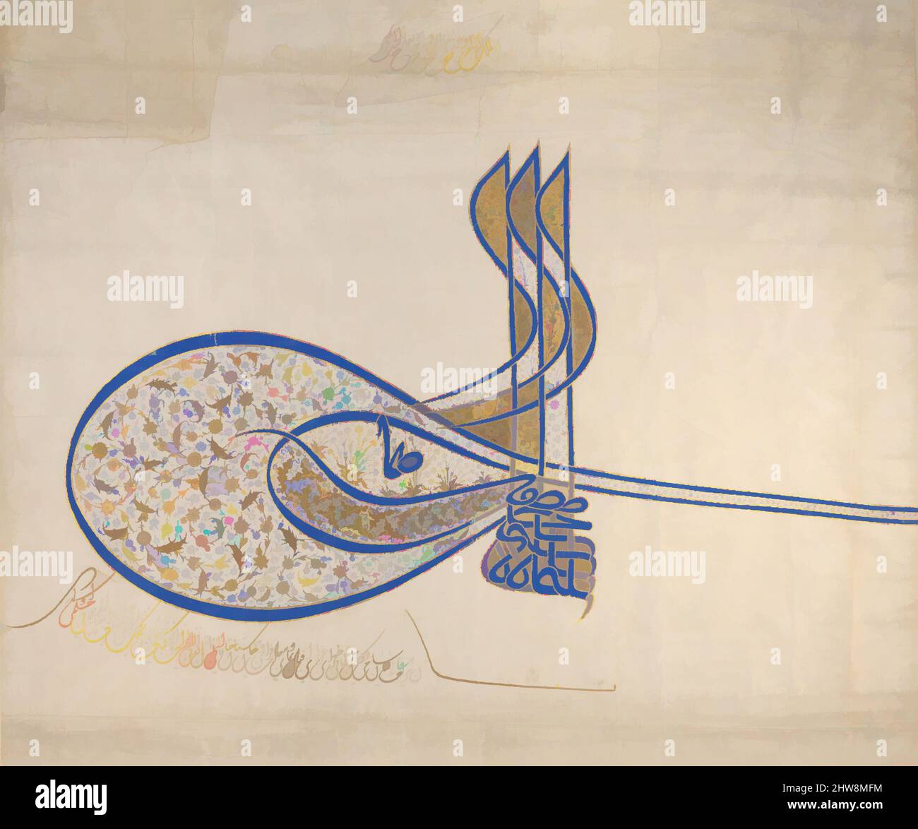Art inspired by Tughra (Official Signature) of Sultan Süleiman the Magnificent (r. 1520–66), ca. 1555–60, Attributed to Turkey, Istanbul, Ink, opaque watercolor, and gold on paper, 20 1/2 x 23 1/2in. (52.1 x 59.7cm), Codices, A tughra is a stylized royal seal and signature applied by, Classic works modernized by Artotop with a splash of modernity. Shapes, color and value, eye-catching visual impact on art. Emotions through freedom of artworks in a contemporary way. A timeless message pursuing a wildly creative new direction. Artists turning to the digital medium and creating the Artotop NFT Stock Photo