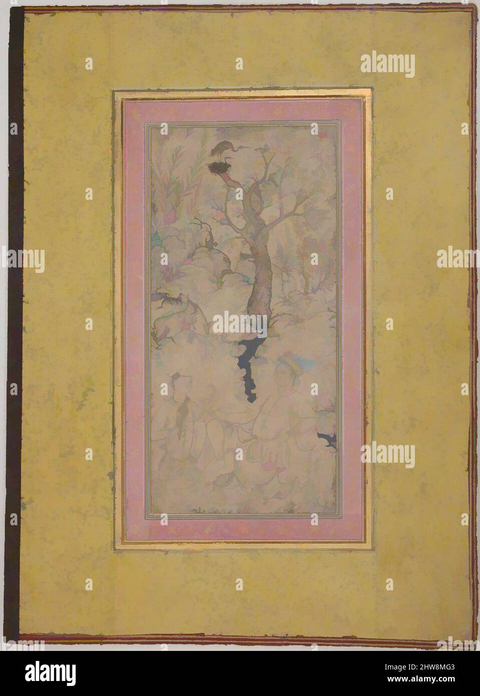 Art inspired by Youthful Falconers in a Landscape, second half 16th century, Attributed to Iran, Ink, transparent and opaque watercolor, silver, and gold on paper, H. 6 3/4 in. (17.2 cm), Codices, Classic works modernized by Artotop with a splash of modernity. Shapes, color and value, eye-catching visual impact on art. Emotions through freedom of artworks in a contemporary way. A timeless message pursuing a wildly creative new direction. Artists turning to the digital medium and creating the Artotop NFT Stock Photo