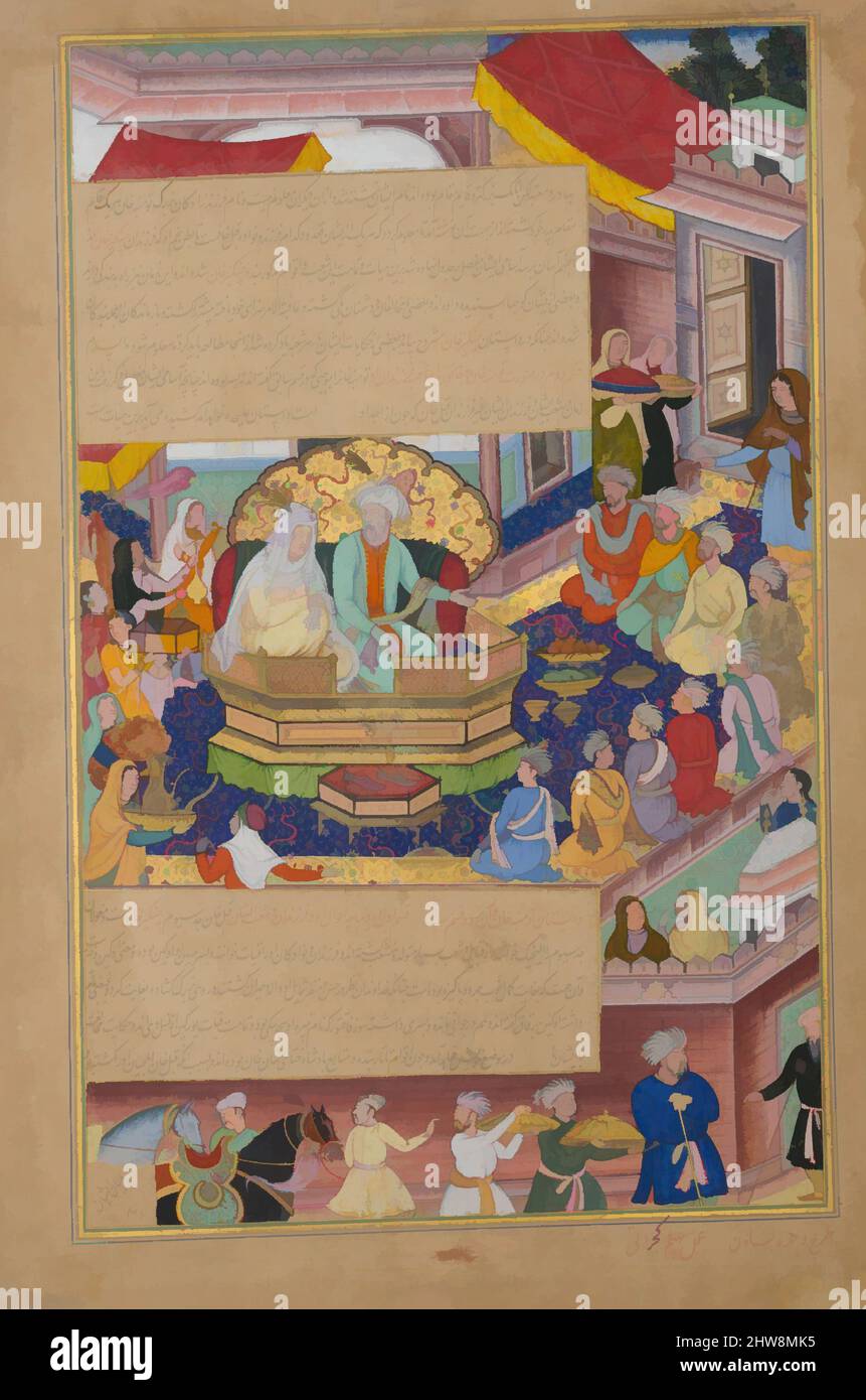 Art inspired by Tumanba Khan, His Wife, and His Nine Sons', Folio from a Chingiznama (Book of Genghis Khan), ca. 1596, Made in present-day Pakistan, probably Lahore, Ink, opaque watercolor, and gold on paper, Page: 15 x 10 in. (38.1 x 25.4 cm), Codices, Basawan (Indian, active ca. 1556, Classic works modernized by Artotop with a splash of modernity. Shapes, color and value, eye-catching visual impact on art. Emotions through freedom of artworks in a contemporary way. A timeless message pursuing a wildly creative new direction. Artists turning to the digital medium and creating the Artotop NFT Stock Photo