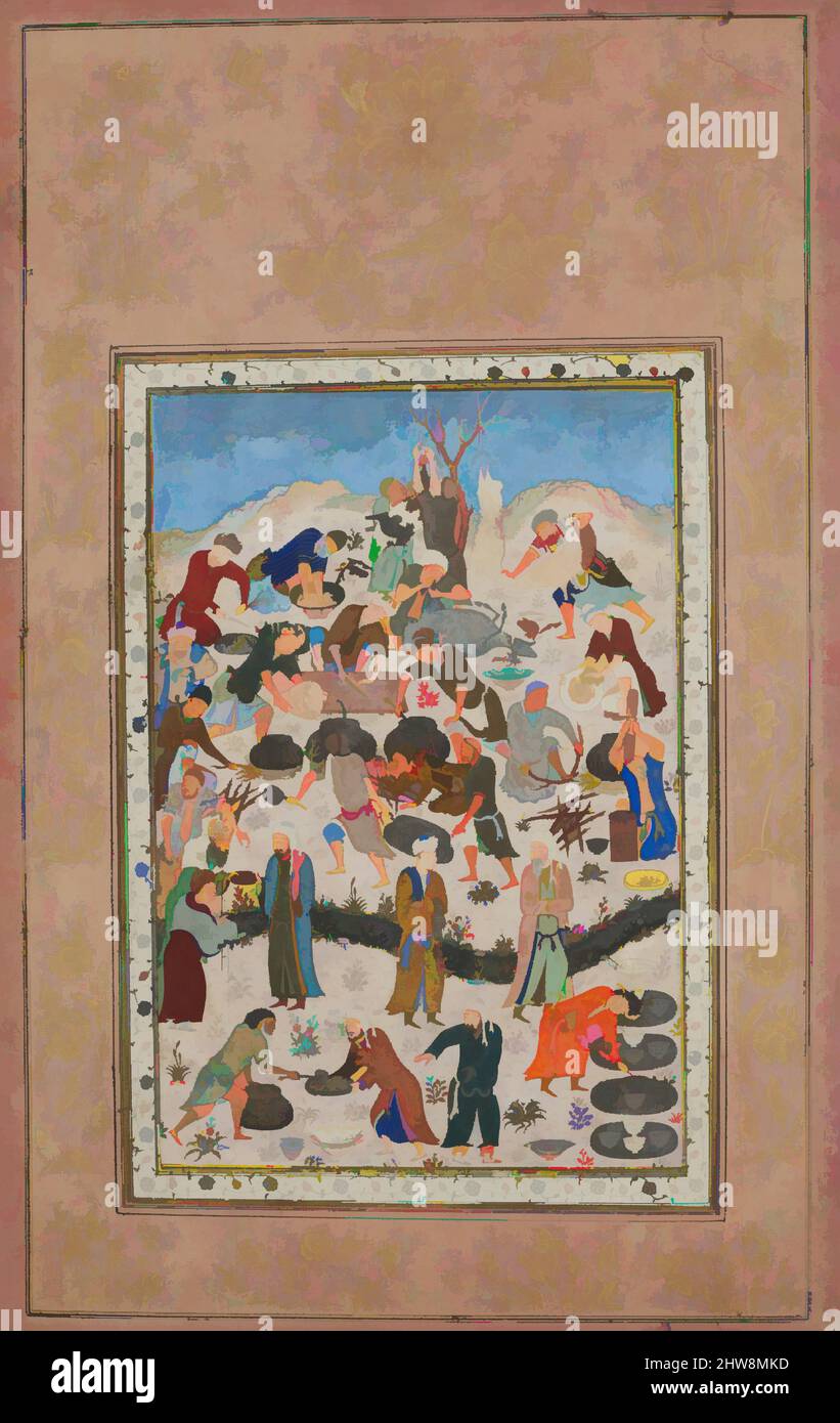 Art inspired by Preparation for a Feast', Folio from a Divan of Jami, late 15th century, Attributed to Iran, Opaque watercolor, ink, and gold on paper, Painting: H. 6 15/16 in. (17.6 cm), Codices, This painting depicts in a lively fashion the many tasks involved in the preparation of a, Classic works modernized by Artotop with a splash of modernity. Shapes, color and value, eye-catching visual impact on art. Emotions through freedom of artworks in a contemporary way. A timeless message pursuing a wildly creative new direction. Artists turning to the digital medium and creating the Artotop NFT Stock Photo