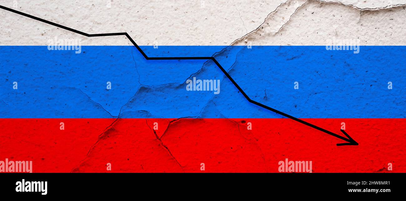 Russian flag on concrete texture wall background with cracks Stock Photo