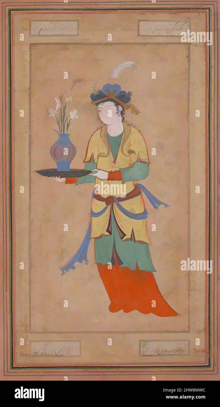 Art inspired by Woman with Vase of Lilies, second half 16th century, Attributed to Iran, Opaque watercolor and gold on paper, H. 12 7/8 in. (32.7 cm), Codices, Classic works modernized by Artotop with a splash of modernity. Shapes, color and value, eye-catching visual impact on art. Emotions through freedom of artworks in a contemporary way. A timeless message pursuing a wildly creative new direction. Artists turning to the digital medium and creating the Artotop NFT Stock Photo