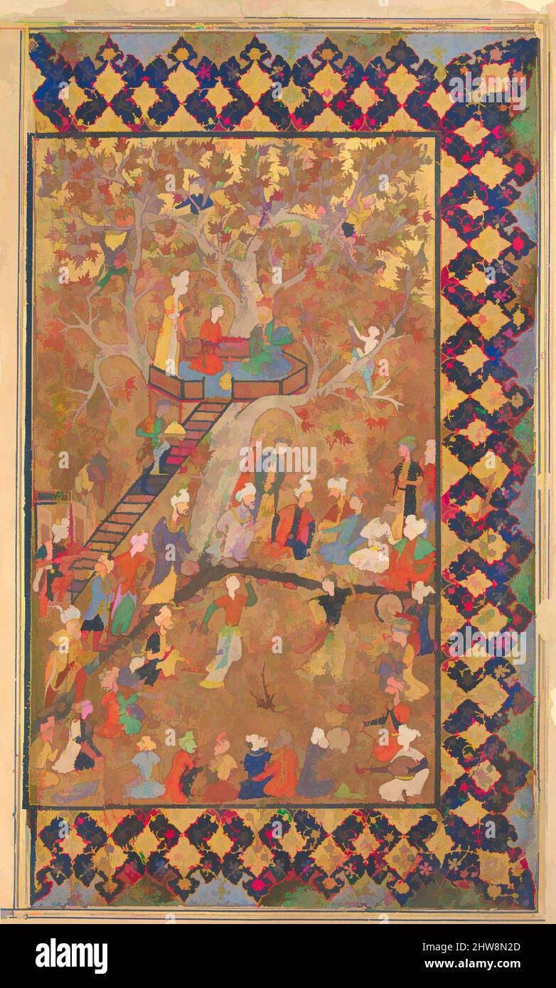 Art inspired by Entertainment in a Garden', Folio from a Khamsa of Amir Khusrau Dihlavi, Matla' al-Anvar, second half 16th century, Attributed to Iran, Shiraz, Opaque watercolor and gold on paper, OveralL. 12 5/8 x 7 1/8 in. (32.1 x 18.1 cm), Codices, Rulers sometimes held semi-public, Classic works modernized by Artotop with a splash of modernity. Shapes, color and value, eye-catching visual impact on art. Emotions through freedom of artworks in a contemporary way. A timeless message pursuing a wildly creative new direction. Artists turning to the digital medium and creating the Artotop NFT Stock Photo