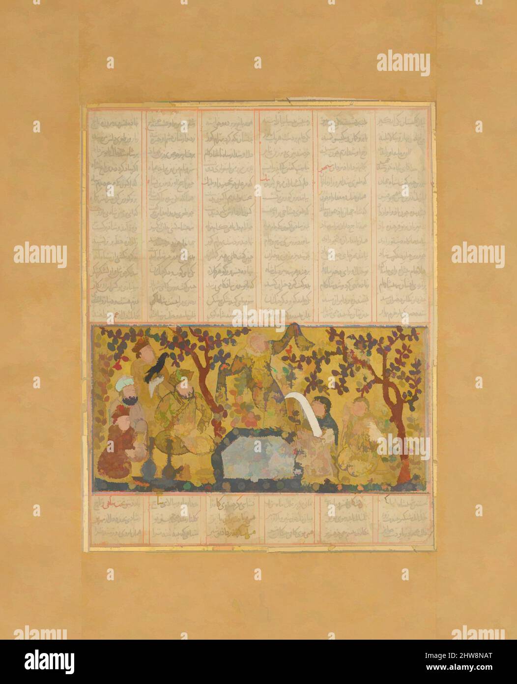 Art inspired by Bahram Gur Entertained by the Daughters of Barzin', Folio from a Shahnama (Book of Kings), 1300–1330, Attributed to Northwestern Iran or Baghdad, Ink, opaque watercolor, silver, and gold on paper, Text block: 6 3/16 x 4 13/16 in. (15.7 x 12.2 cm), Codices, This scene, Classic works modernized by Artotop with a splash of modernity. Shapes, color and value, eye-catching visual impact on art. Emotions through freedom of artworks in a contemporary way. A timeless message pursuing a wildly creative new direction. Artists turning to the digital medium and creating the Artotop NFT Stock Photo