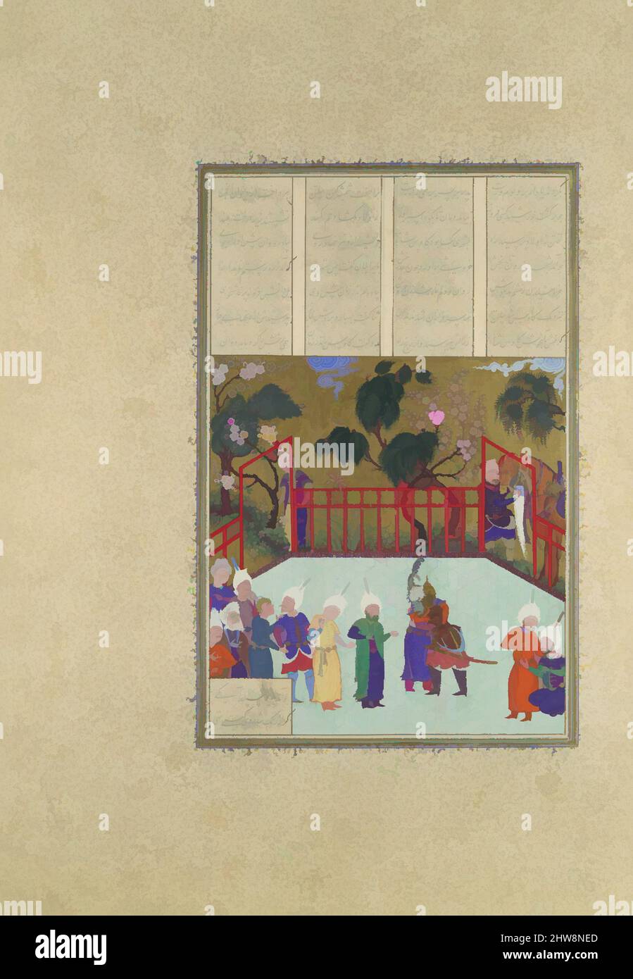 Art inspired by Kai Kavus and Rustam Embrace', Folio 123r from the Shahnama (Book of Kings) of Shah Tahmasp, ca. 1525–30, Made in Iran, Tabriz, Opaque watercolor, ink, silver, and gold on paper, Painting: H. 11 3/16 x W. 7 5/16 in. (H. 28.4 x W. 18.6 cm), Codices, Painting attributed, Classic works modernized by Artotop with a splash of modernity. Shapes, color and value, eye-catching visual impact on art. Emotions through freedom of artworks in a contemporary way. A timeless message pursuing a wildly creative new direction. Artists turning to the digital medium and creating the Artotop NFT Stock Photo