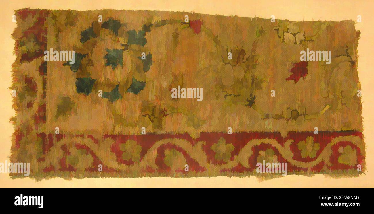 Art inspired by Velvet Fragment with Scrolling Floral Vine Design, 16th century, Attributed to Iran, Silk, metal wrapped thread; cut and voided velvet, brocaded, Textile: H. 11 3/8 in. (28.9 cm), Textiles, The motifs on this small fragment of a velvet panel are characteristic of non-, Classic works modernized by Artotop with a splash of modernity. Shapes, color and value, eye-catching visual impact on art. Emotions through freedom of artworks in a contemporary way. A timeless message pursuing a wildly creative new direction. Artists turning to the digital medium and creating the Artotop NFT Stock Photo