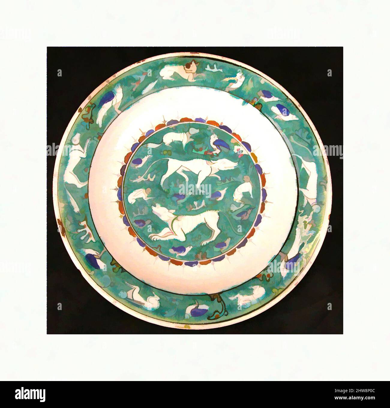 Art inspired by Dish with Bird, Rabbit and Quadruped Design, last quarter 16th century, Made in Turkey, Iznik, Stonepaste; polychrome painted under transparent glaze, H. 2 3/16 in. (5.6 cm), Ceramics, The animals on this dish, some more recognizable than others, have an old, Classic works modernized by Artotop with a splash of modernity. Shapes, color and value, eye-catching visual impact on art. Emotions through freedom of artworks in a contemporary way. A timeless message pursuing a wildly creative new direction. Artists turning to the digital medium and creating the Artotop NFT Stock Photo