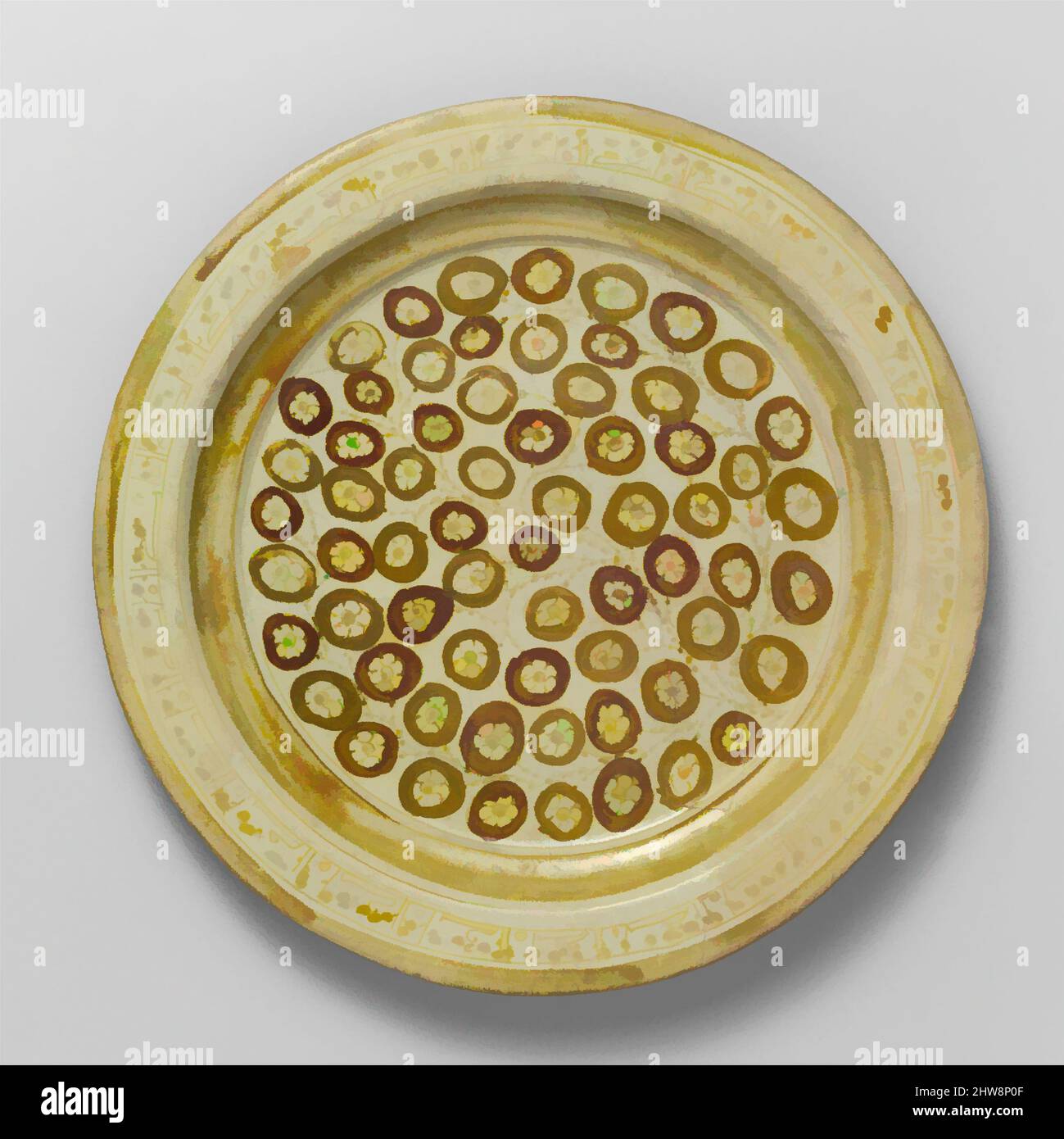 Art inspired by Plate Depicting a Flowering Bush in Two-Toned Luster, 9th century, Attributed to Iraq, probably Basra, Earthenware; luster-painted on opaque white glaze, H. 1 1/4 in. (3.2 cm), Ceramics, A highly stylized, flowering bush fills the center of this plate, its blooming, Classic works modernized by Artotop with a splash of modernity. Shapes, color and value, eye-catching visual impact on art. Emotions through freedom of artworks in a contemporary way. A timeless message pursuing a wildly creative new direction. Artists turning to the digital medium and creating the Artotop NFT Stock Photo